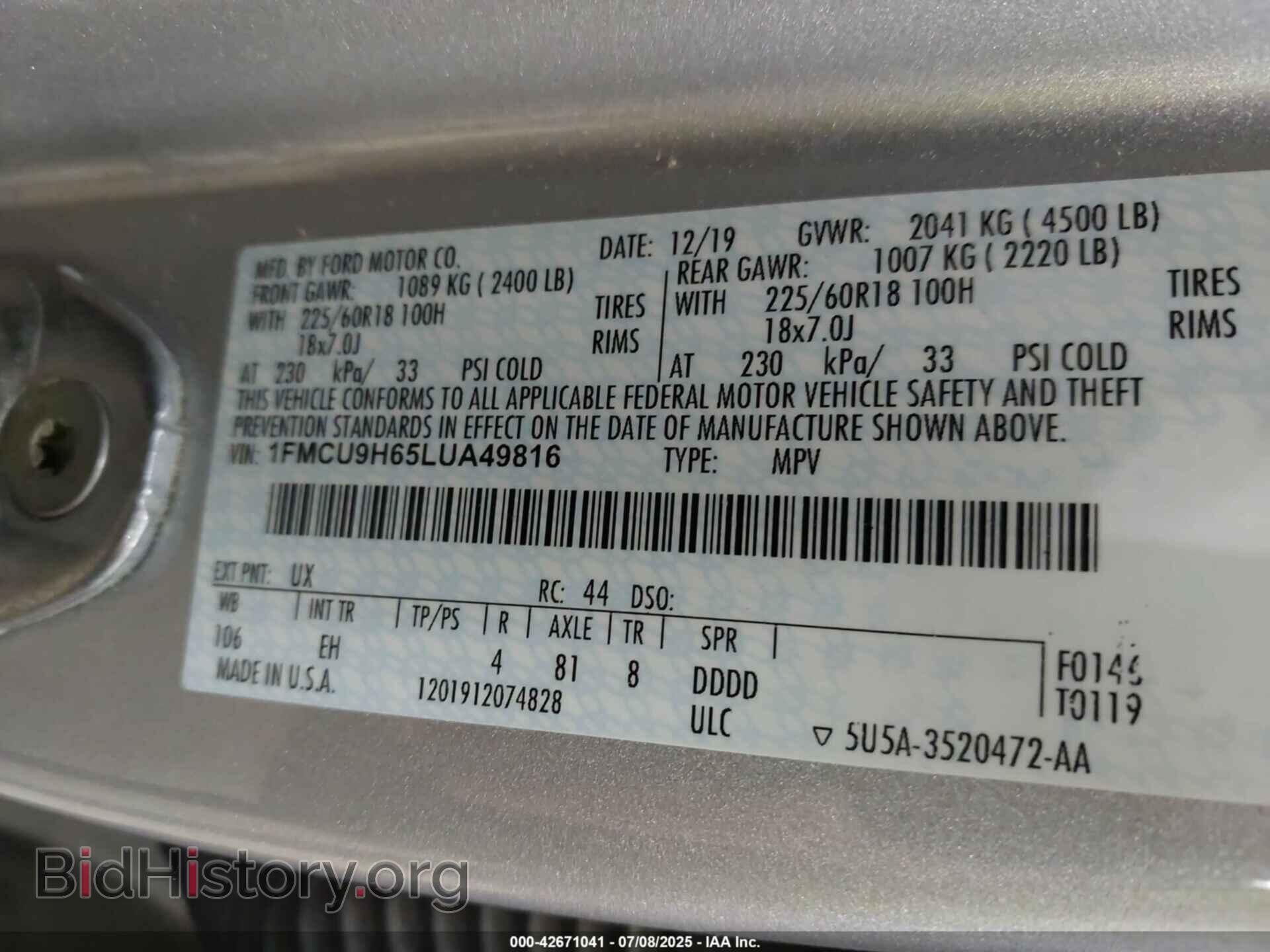 2020 FORD ESCAPE - VIN: 1FMCU9H65LUA49816 - Фото 9