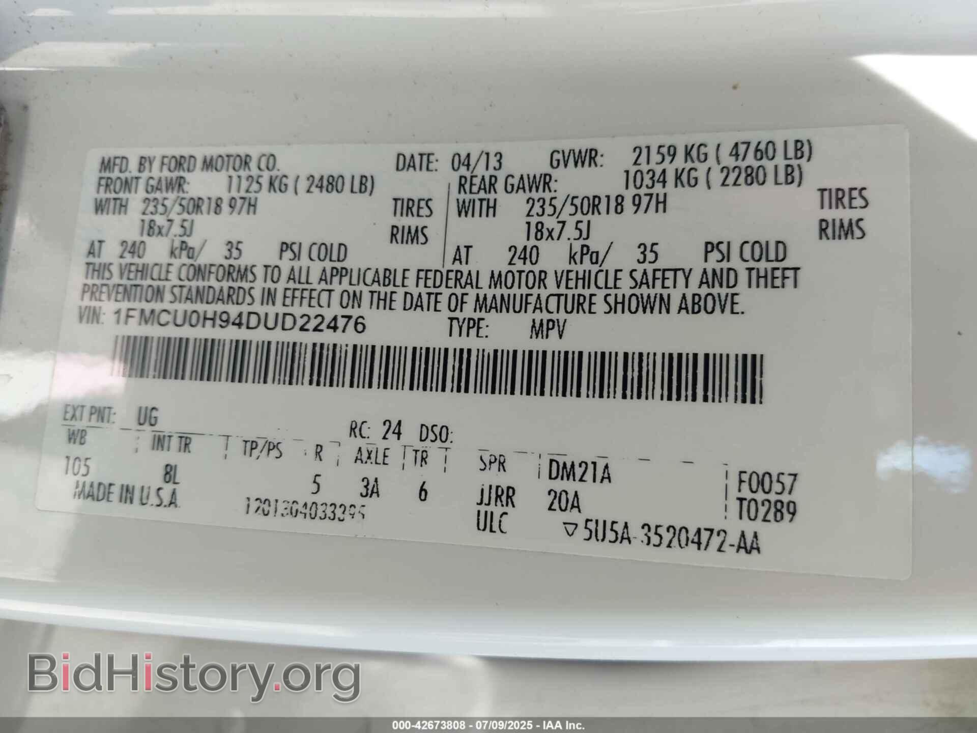 2013 FORD ESCAPE - VIN: 1FMCU0H94DUD22476 - Фото 9