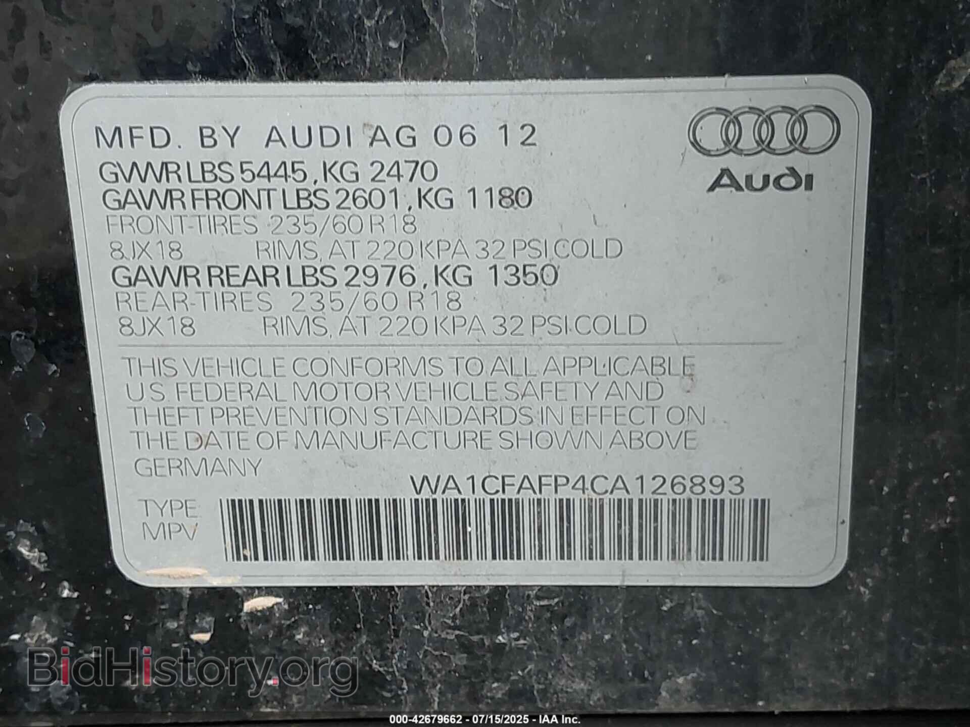 2012 AUDI Q5 - VIN: WA1CFAFP4CA126893 - Фото 9
