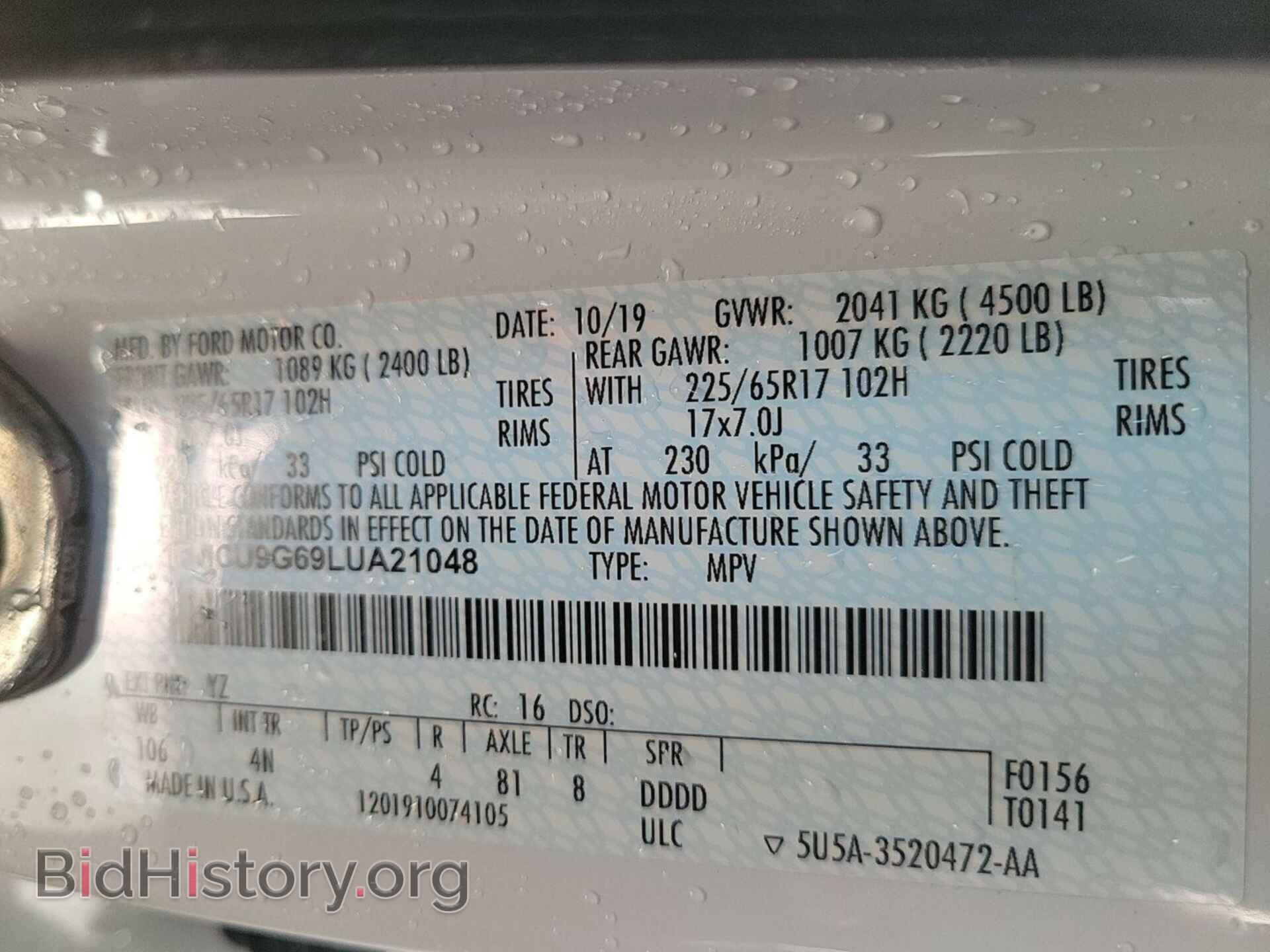 Photo 1FMCU9G69LUA21048 - FORD ESCAPE 2020