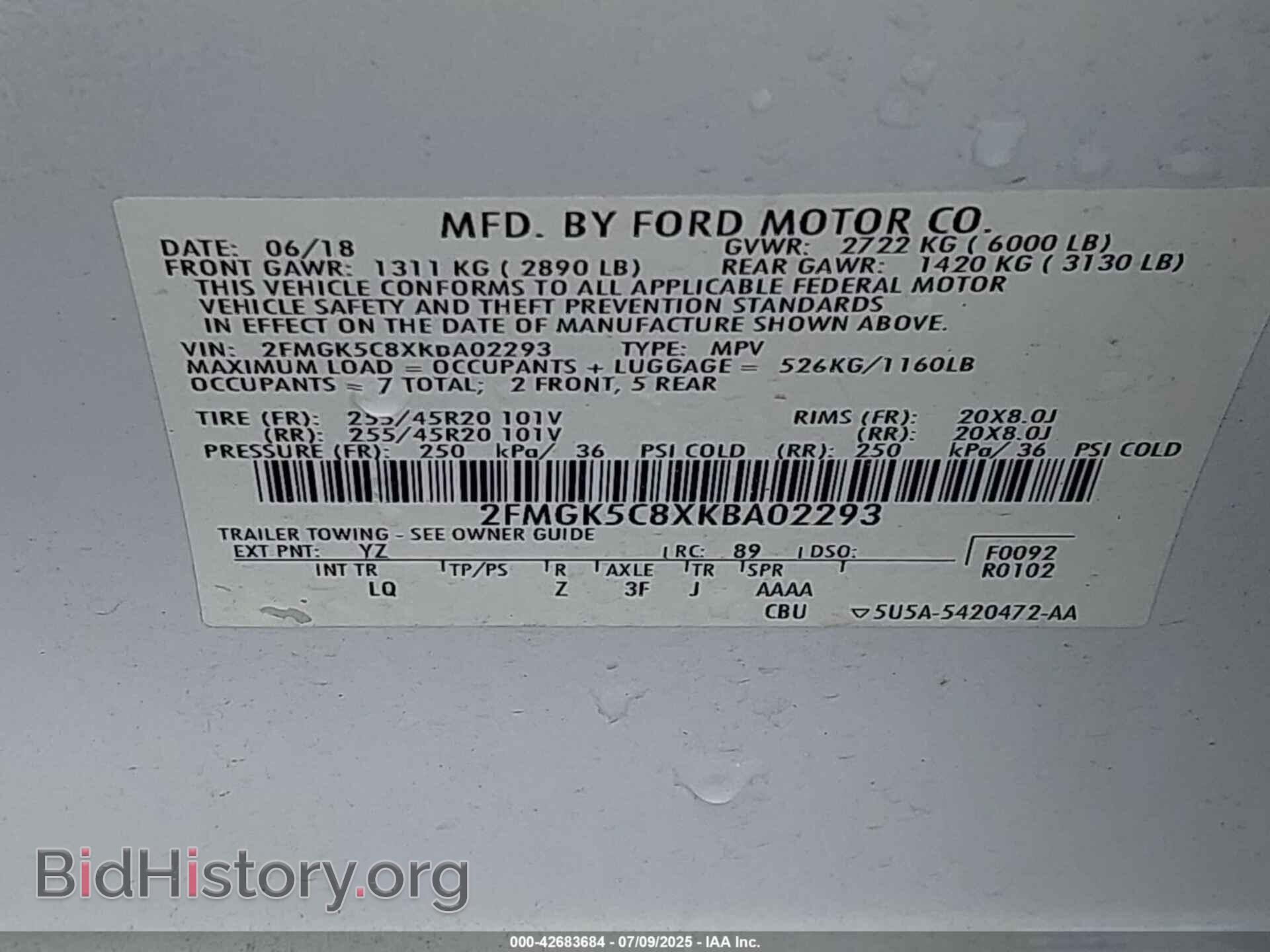 2019 FORD FLEX - VIN: 2FMGK5C8XKBA02293 - Фото 9