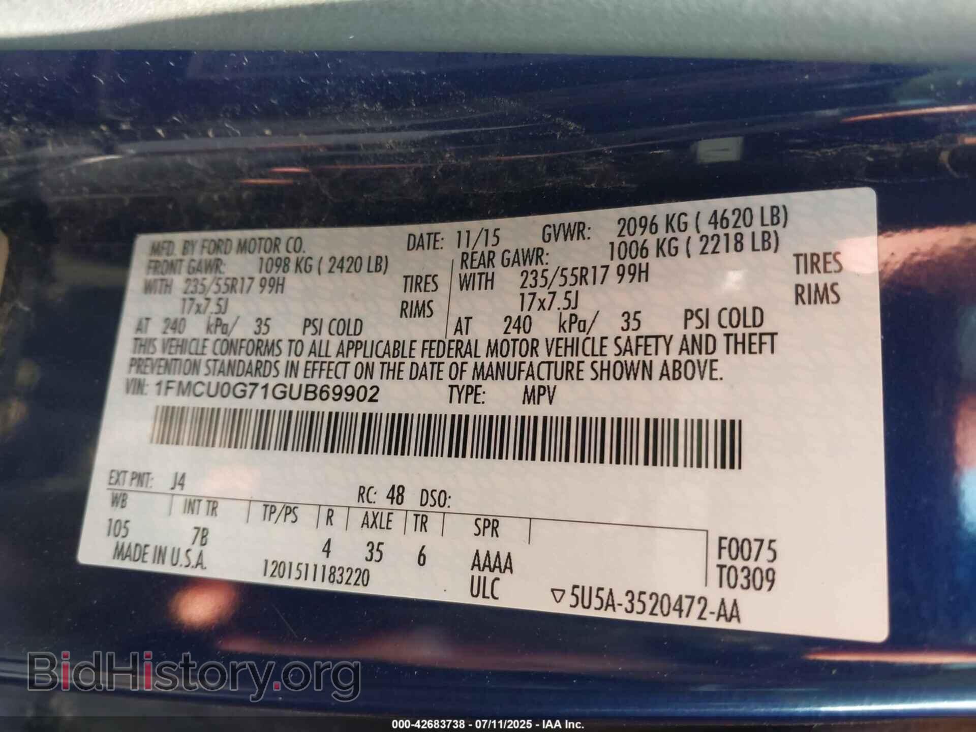 2016 FORD ESCAPE - VIN: 1FMCU0G71GUB69902 - Фото 9