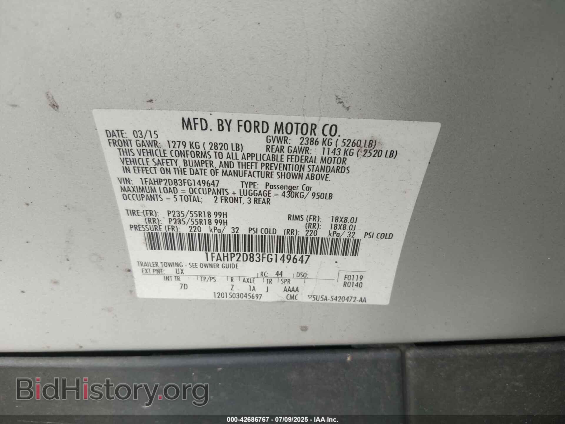 2015 FORD TAURUS - VIN: 1FAHP2D83FG149647 - Photo 9