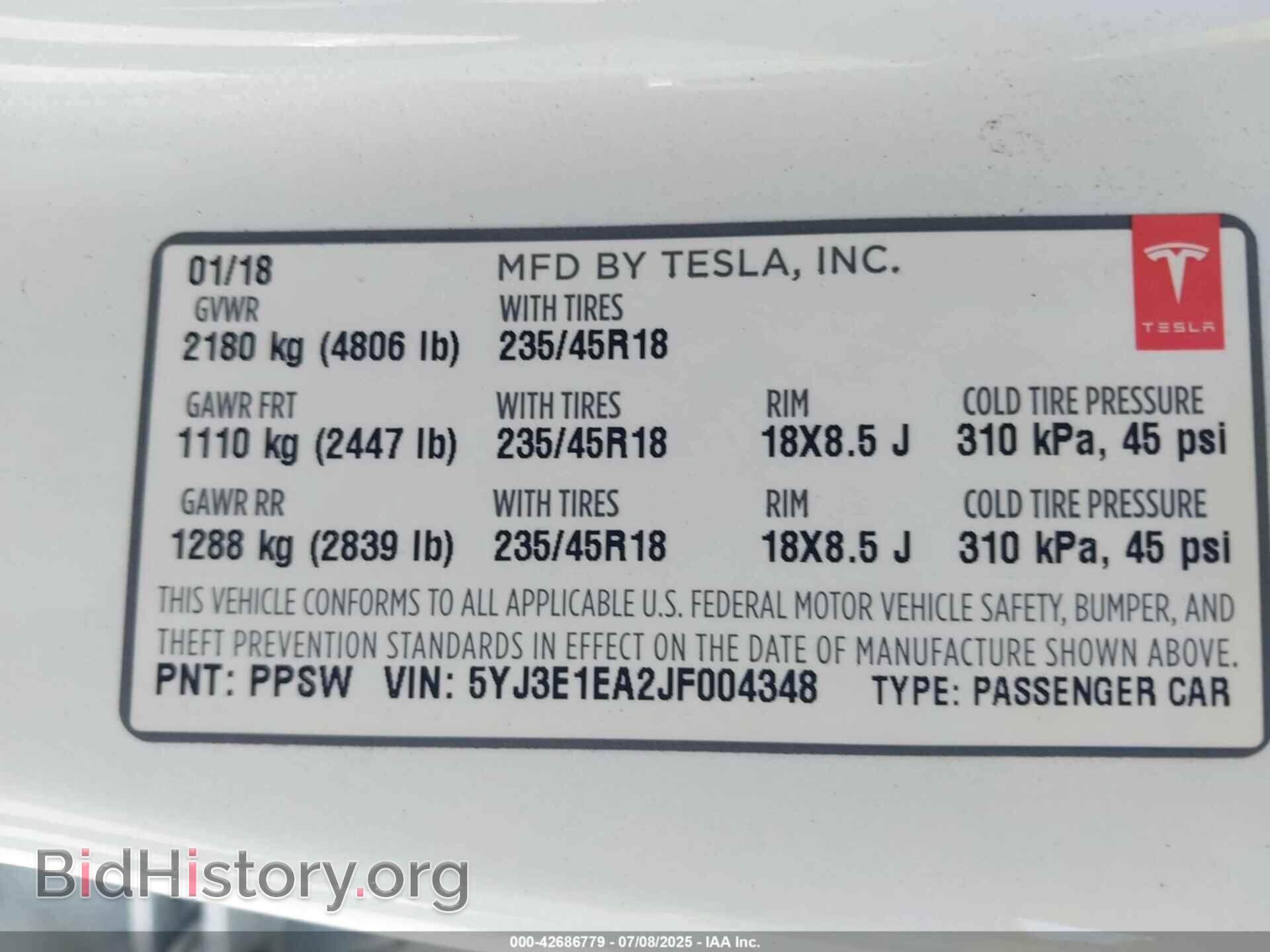 2018 TESLA MODEL 3 - VIN: 5YJ3E1EA2JF004348 - Photo 9