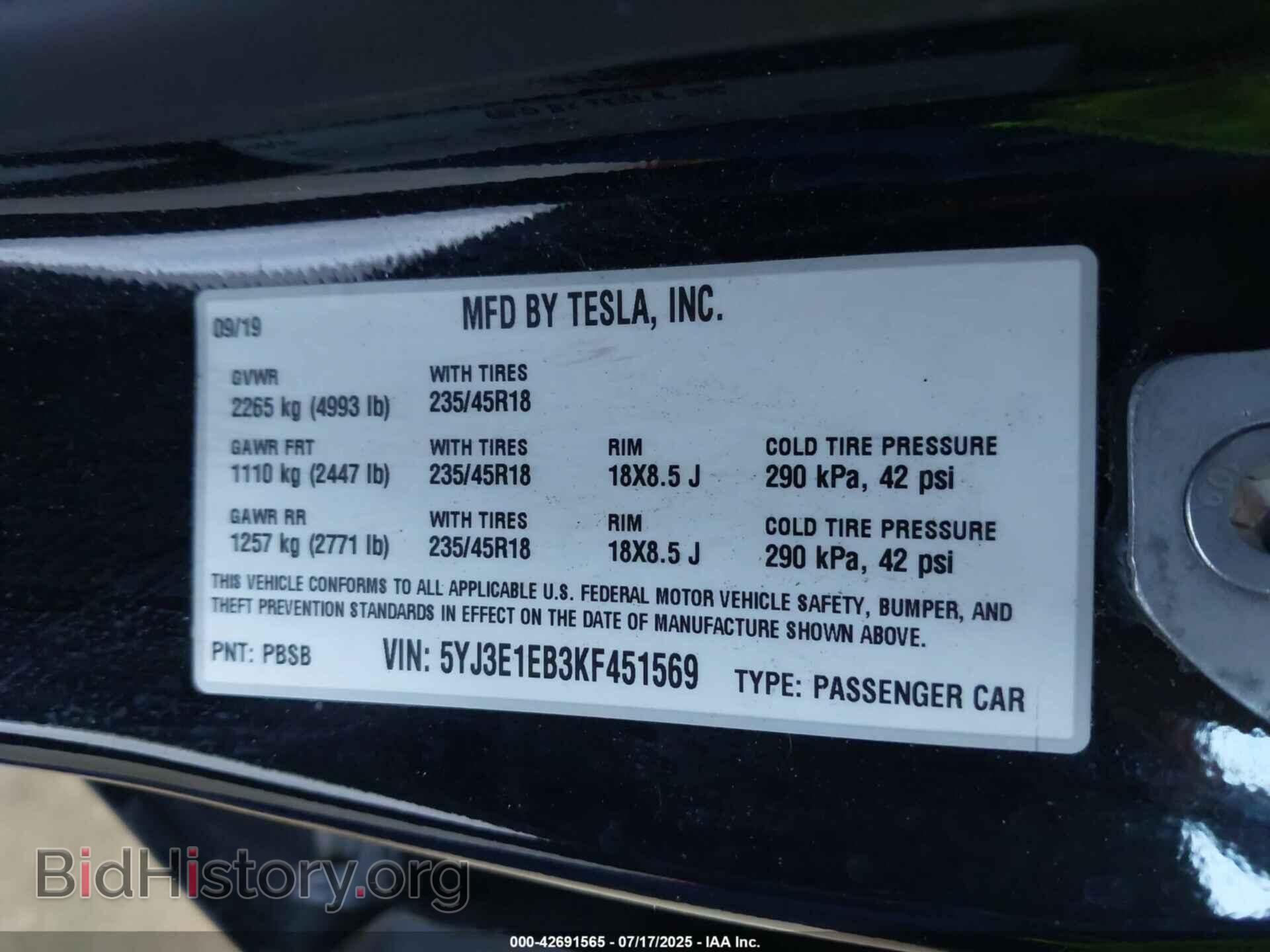 2019 TESLA MODEL 3 - VIN: 5YJ3E1EB3KF451569 - Фото 9