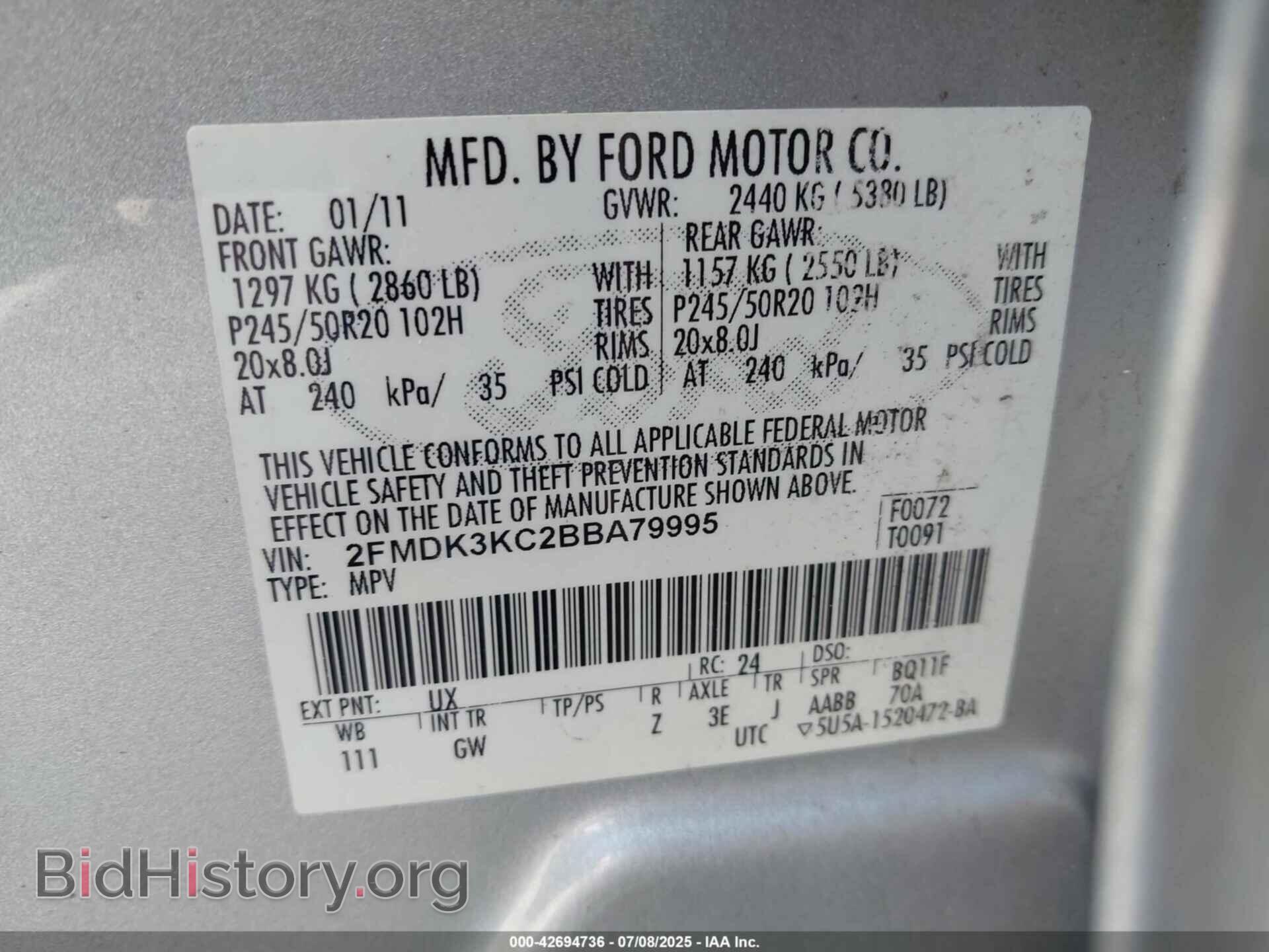 2011 FORD EDGE - VIN: 2FMDK3KC2BBA79995 - Фото 9