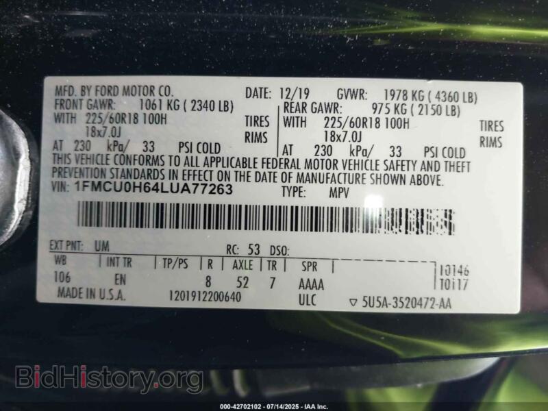 2020 Ford ESCAPE (VIN 1FMCU0H64LUA77263) — фото 9 из 18