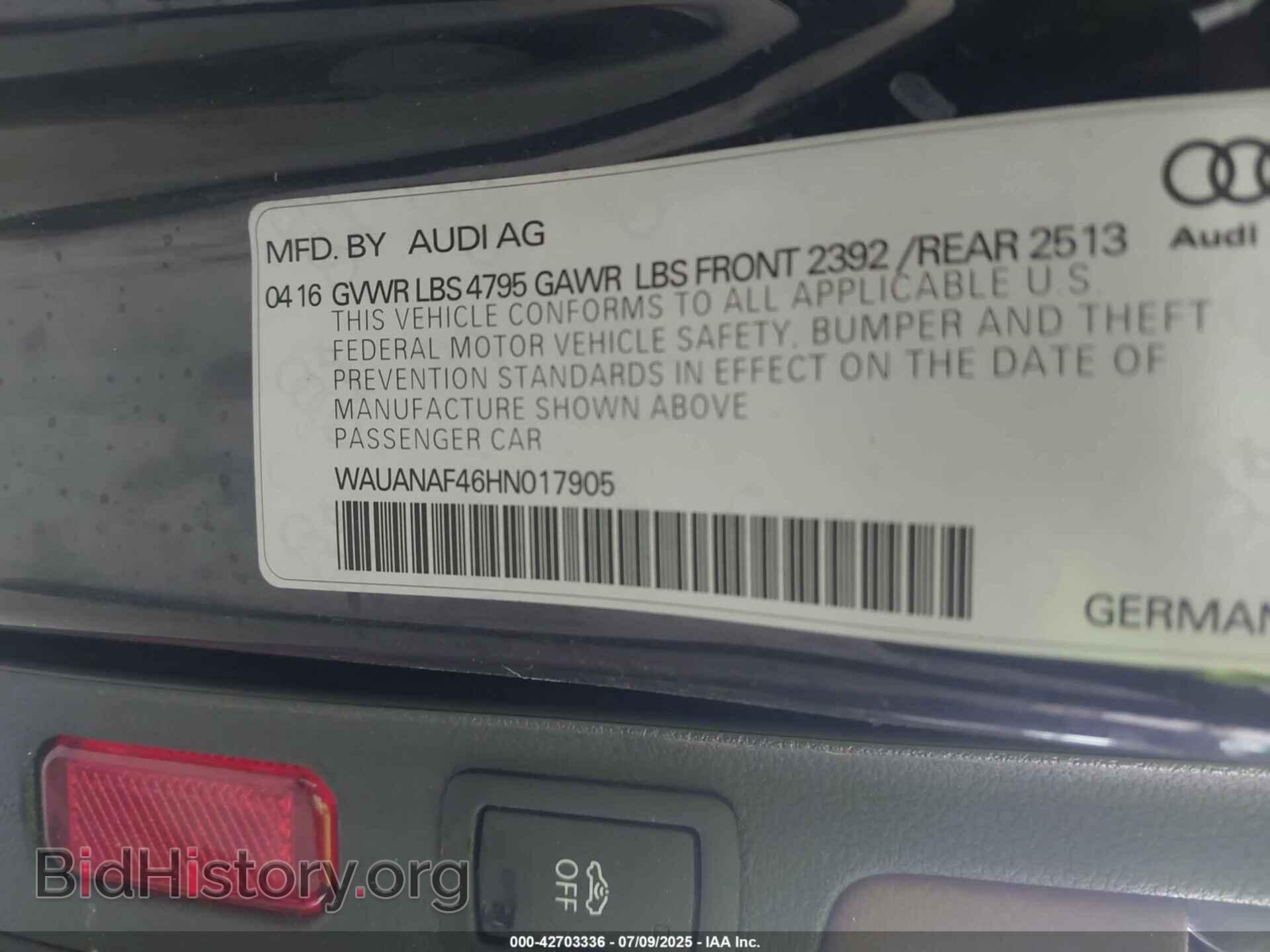 2017 AUDI A4 - VIN: WAUANAF46HN017905 - Фото 9