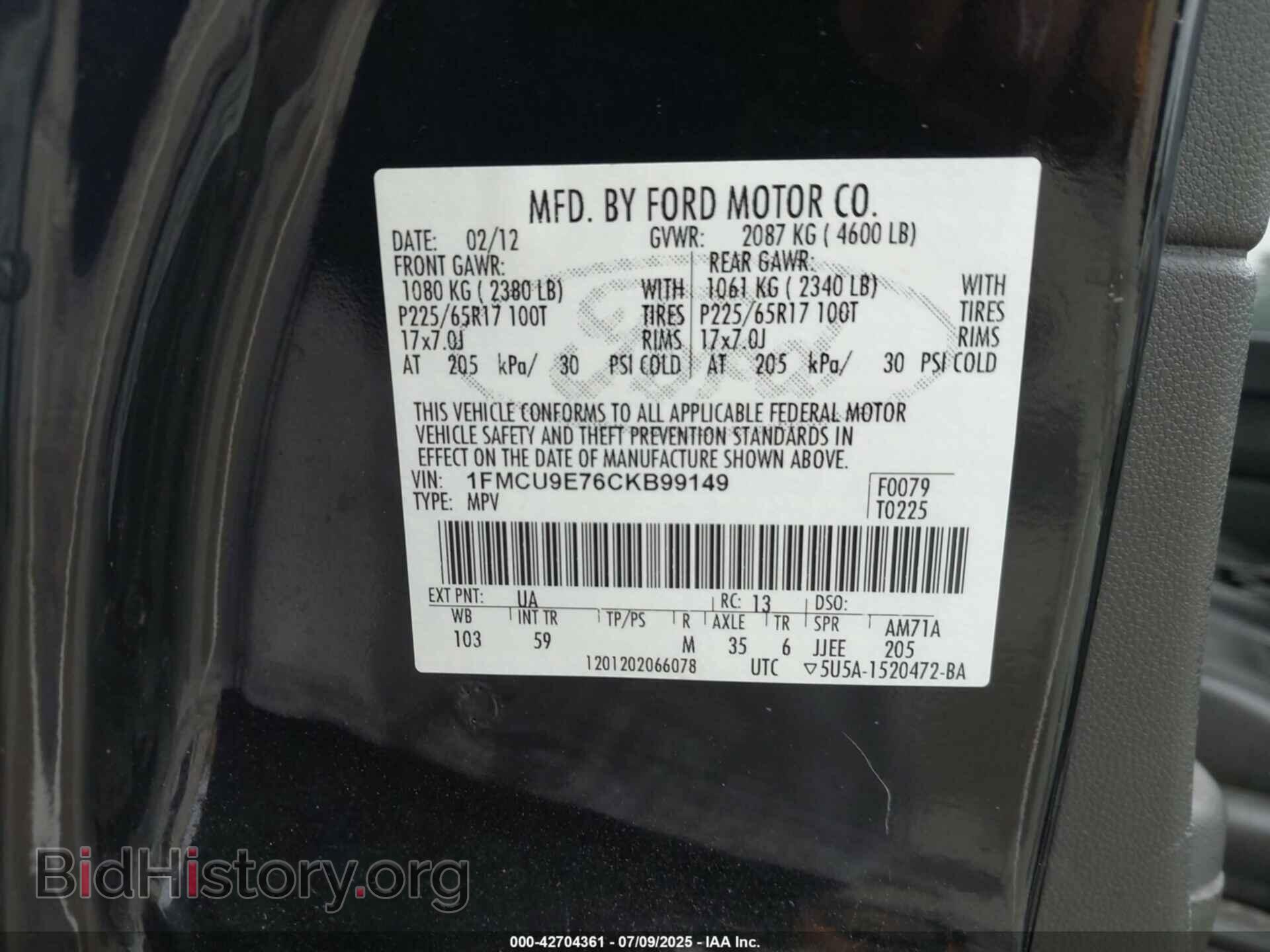 2012 FORD ESCAPE - VIN: 1FMCU9E76CKB99149 - Фото 9