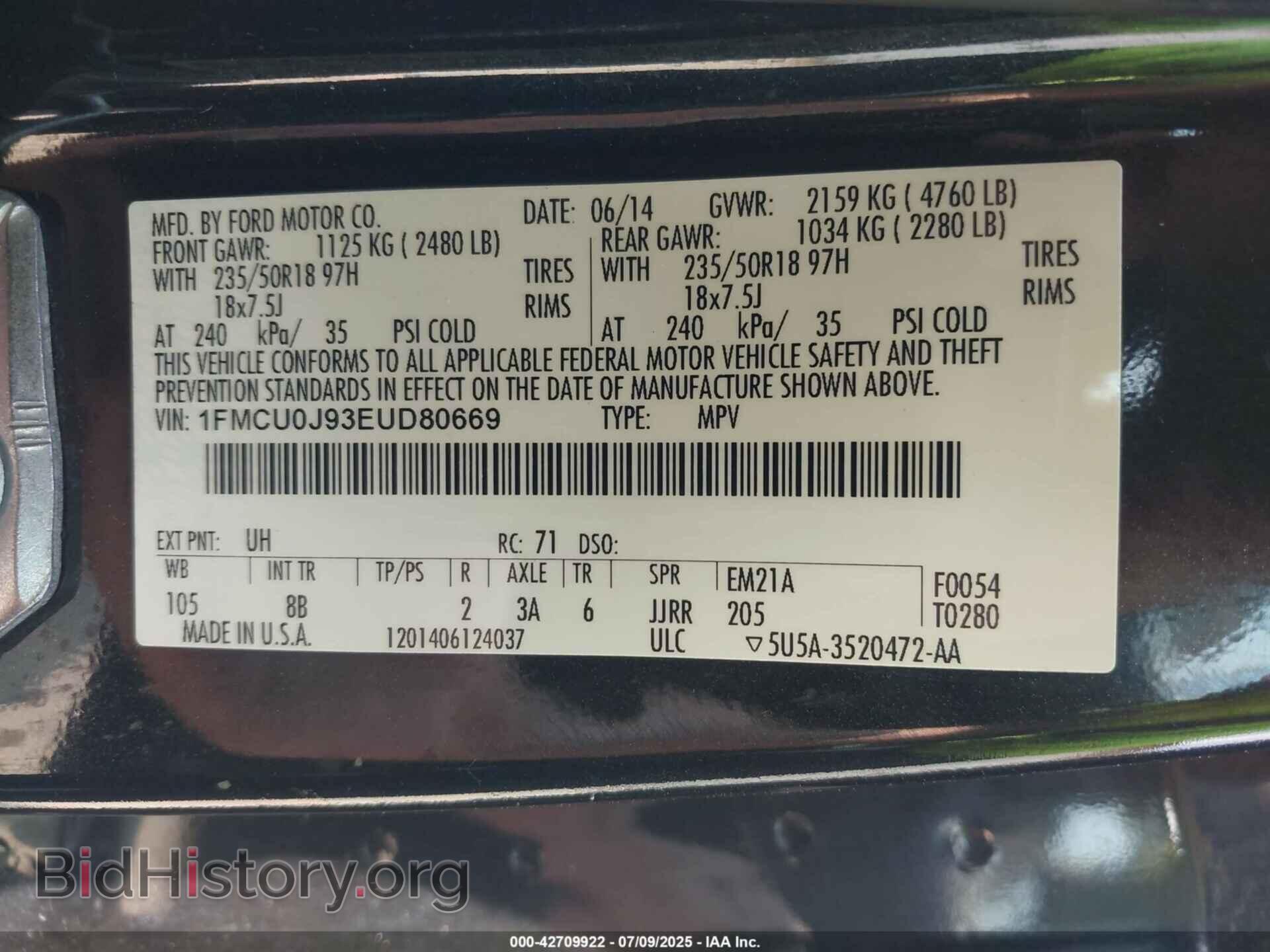 2014 FORD ESCAPE - VIN: 1FMCU0J93EUD80669 - Фото 9