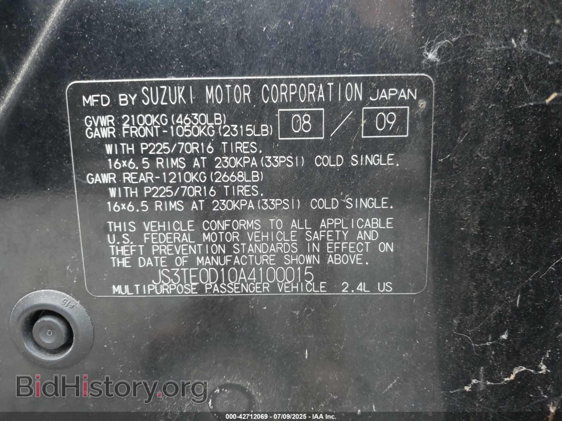2010 SUZUKI GRAND VITARA - VIN: JS3TE0D10A4100015 - Фото 9