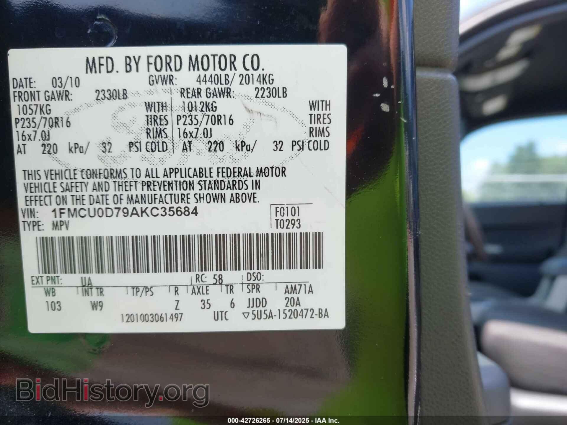 2010 FORD ESCAPE - VIN: 1FMCU0D79AKC35684 - Фото 9