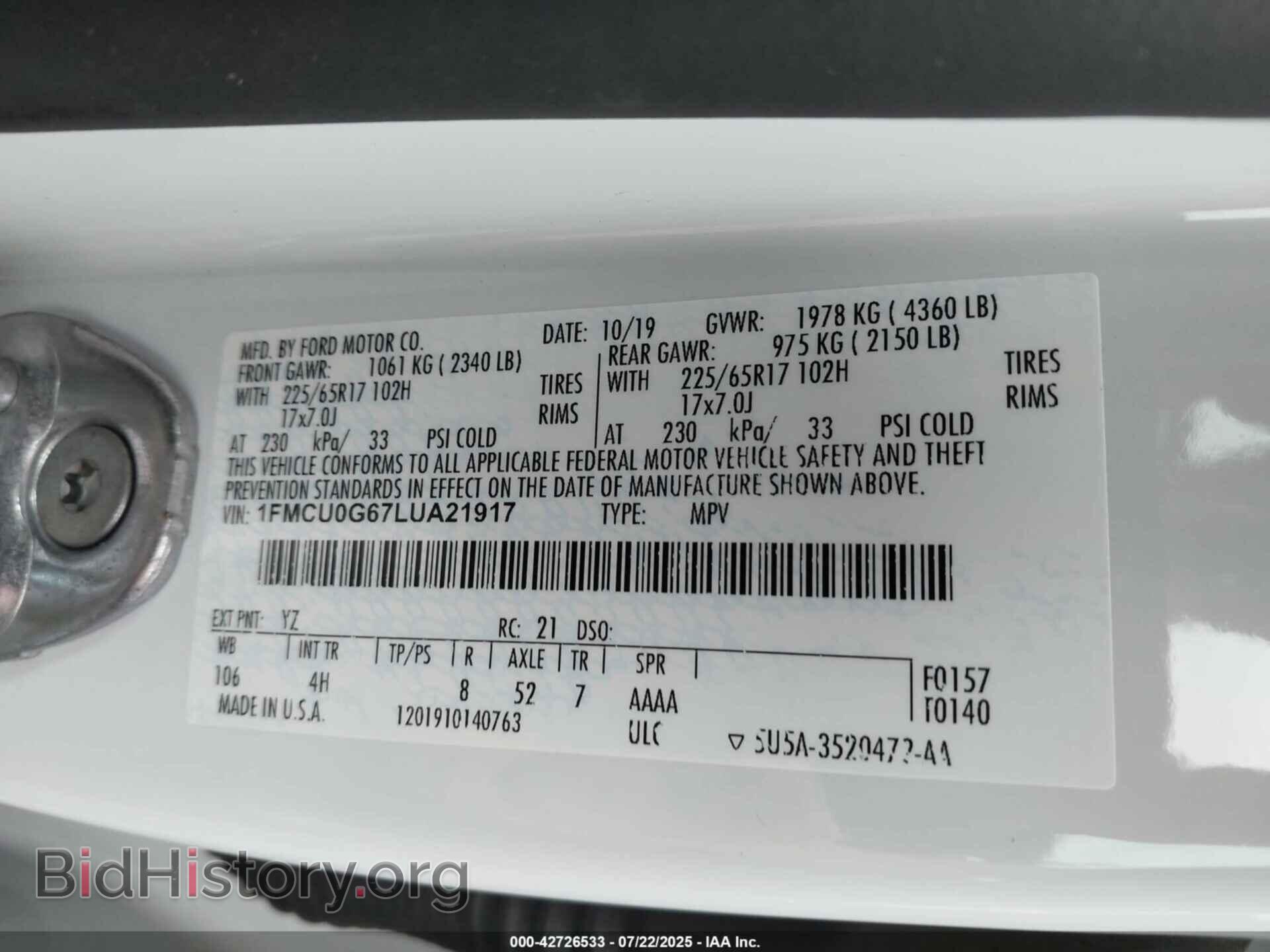 2020 FORD ESCAPE - VIN: 1FMCUOG67LUA21917 - Фото 9