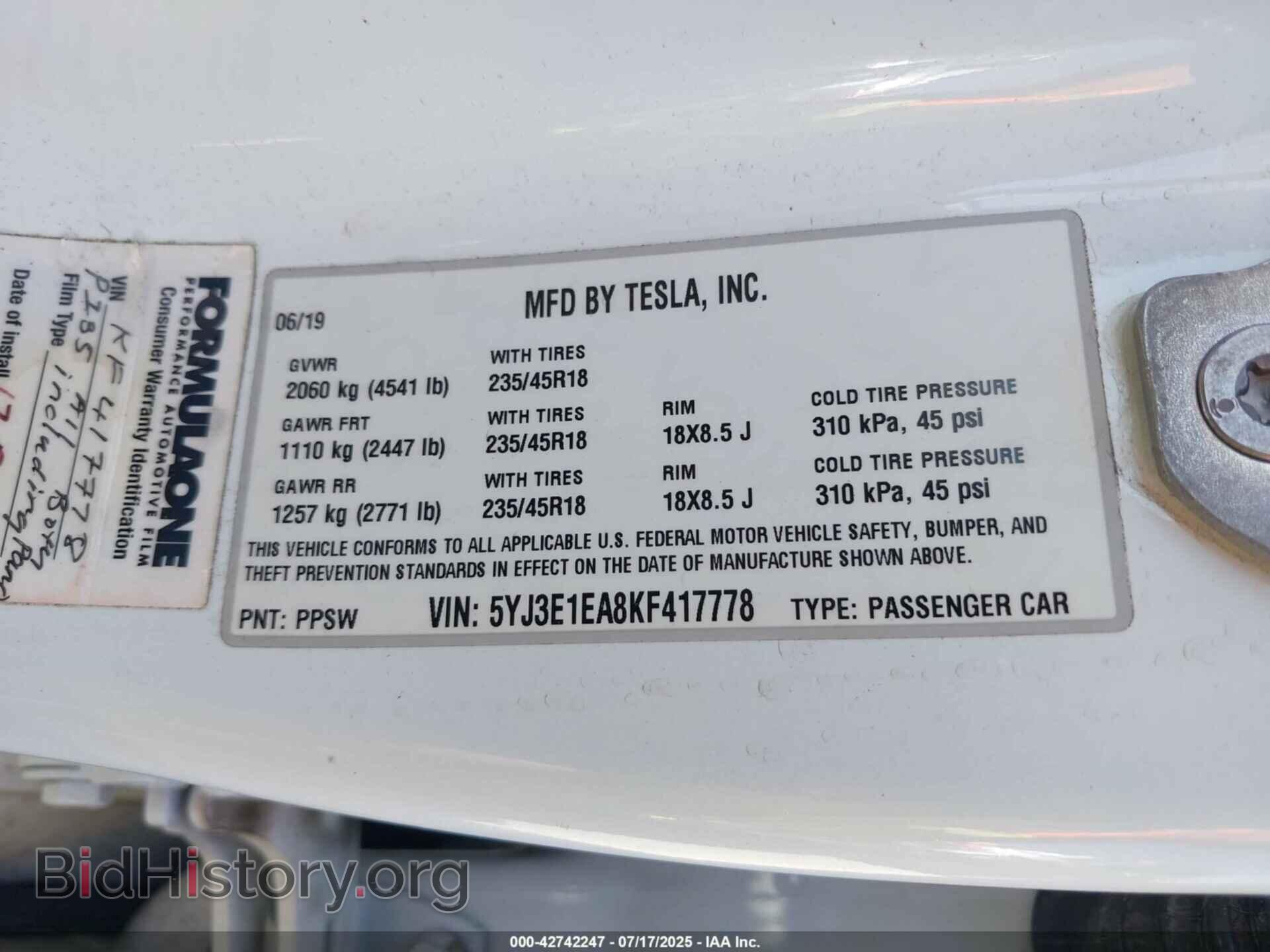 2019 TESLA MODEL 3 - VIN: 5YJ3E1EA8KF417778 - Фото 9