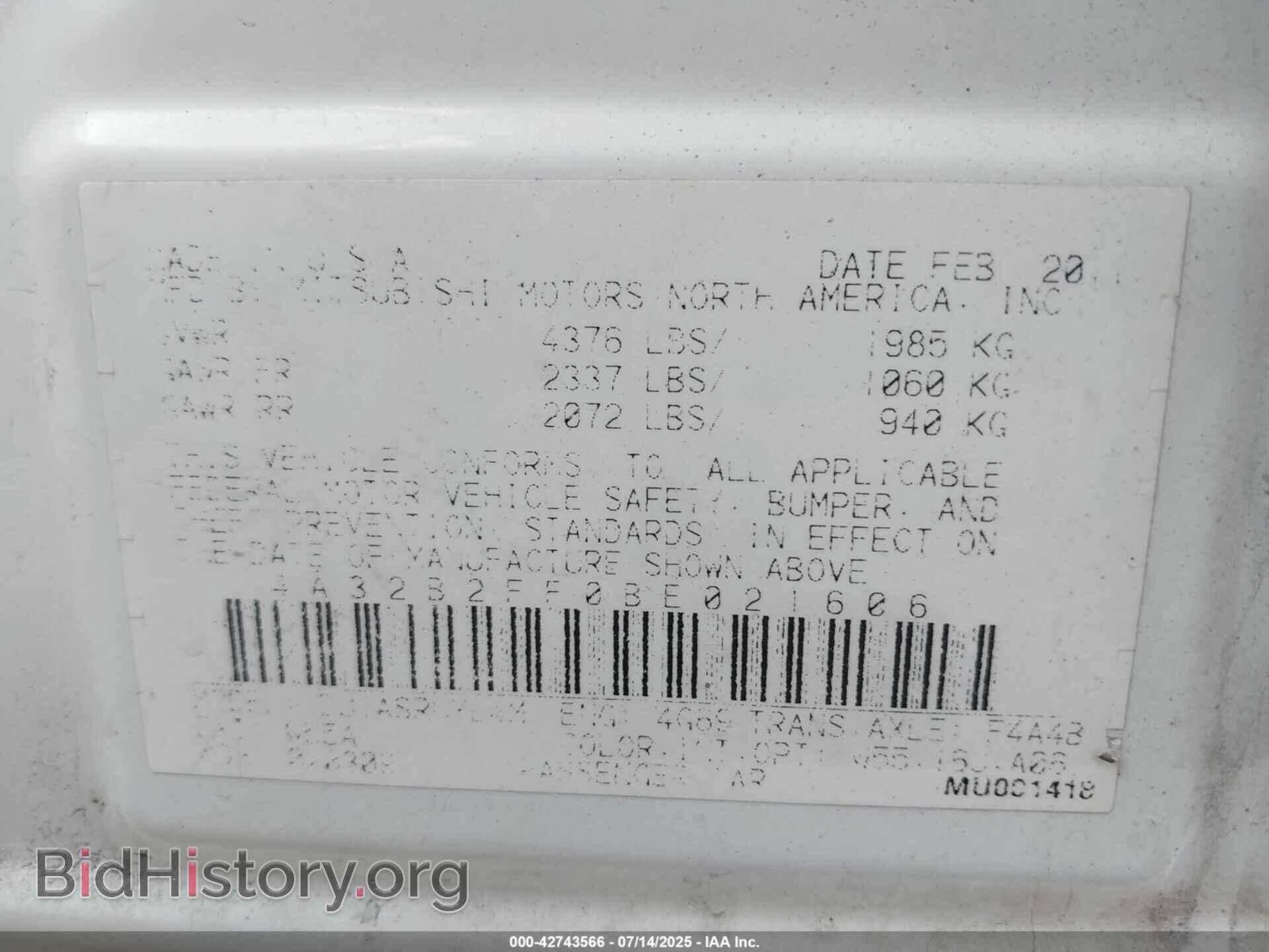 2011 MITSUBISHI GALANT - VIN: 4A32B2FF0BE021606 - Фото 9