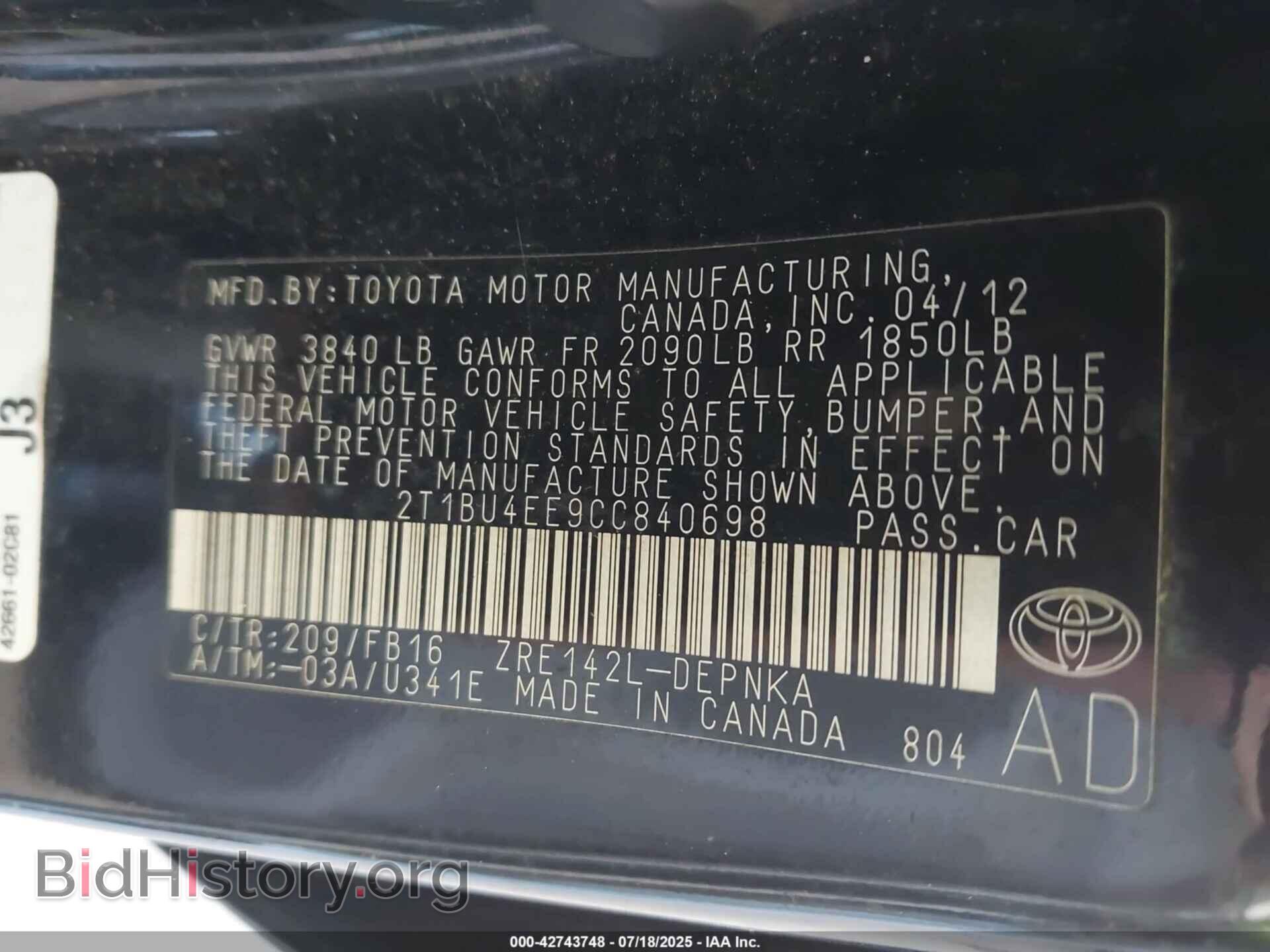 2012 TOYOTA COROLLA - VIN: 2T1BU4EE9CC840698 - Фото 9