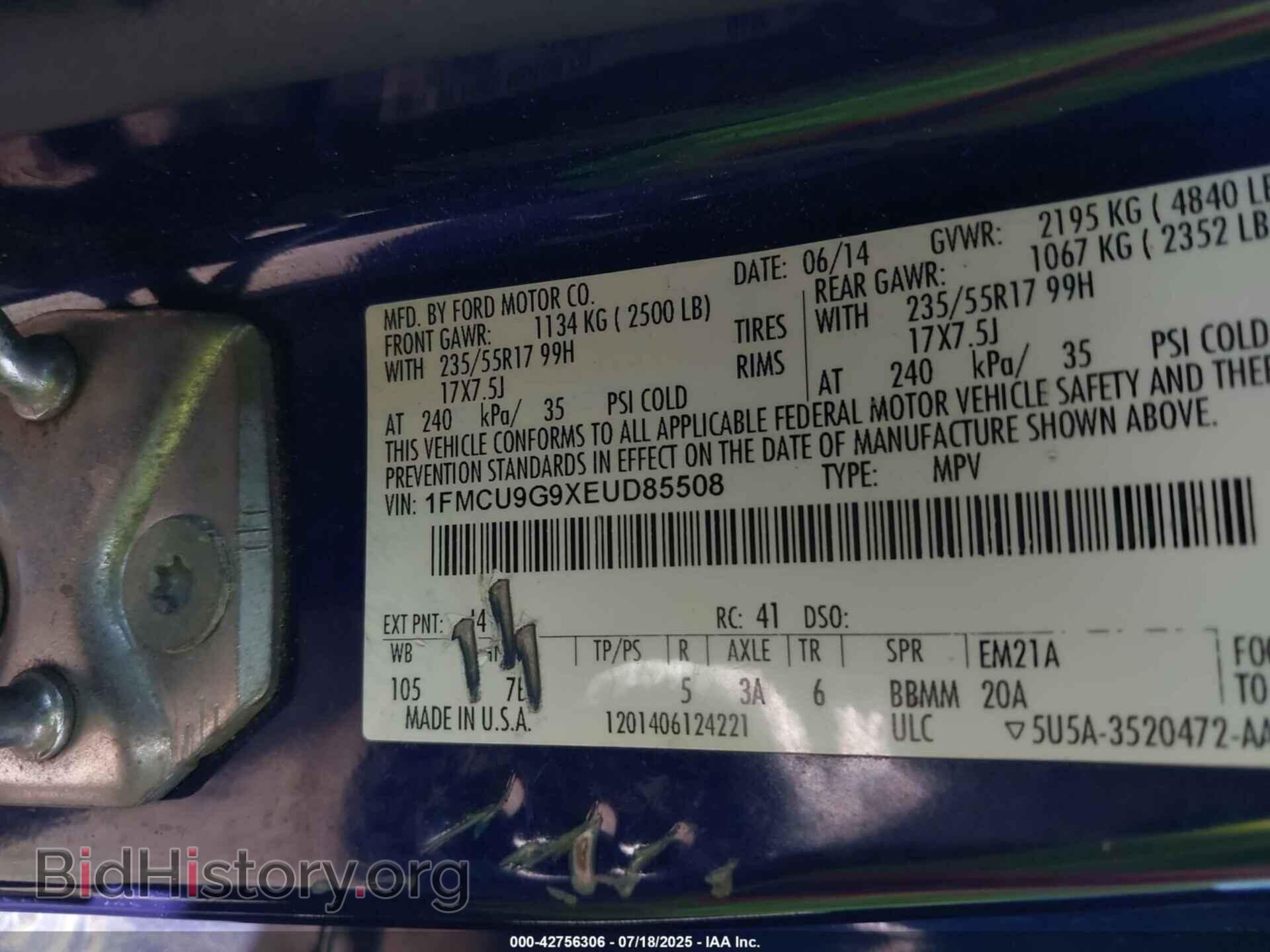 2014 FORD ESCAPE - VIN: 1FMCU9G9XEUD85508 - Фото 9