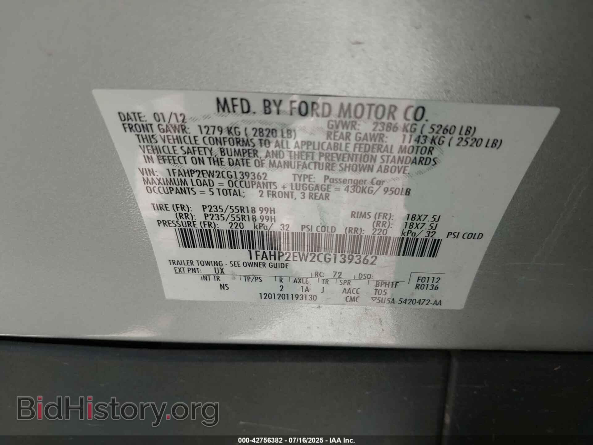 2012 FORD TAURUS - VIN: 1FAHP2EW2CG139362 - Фото 9