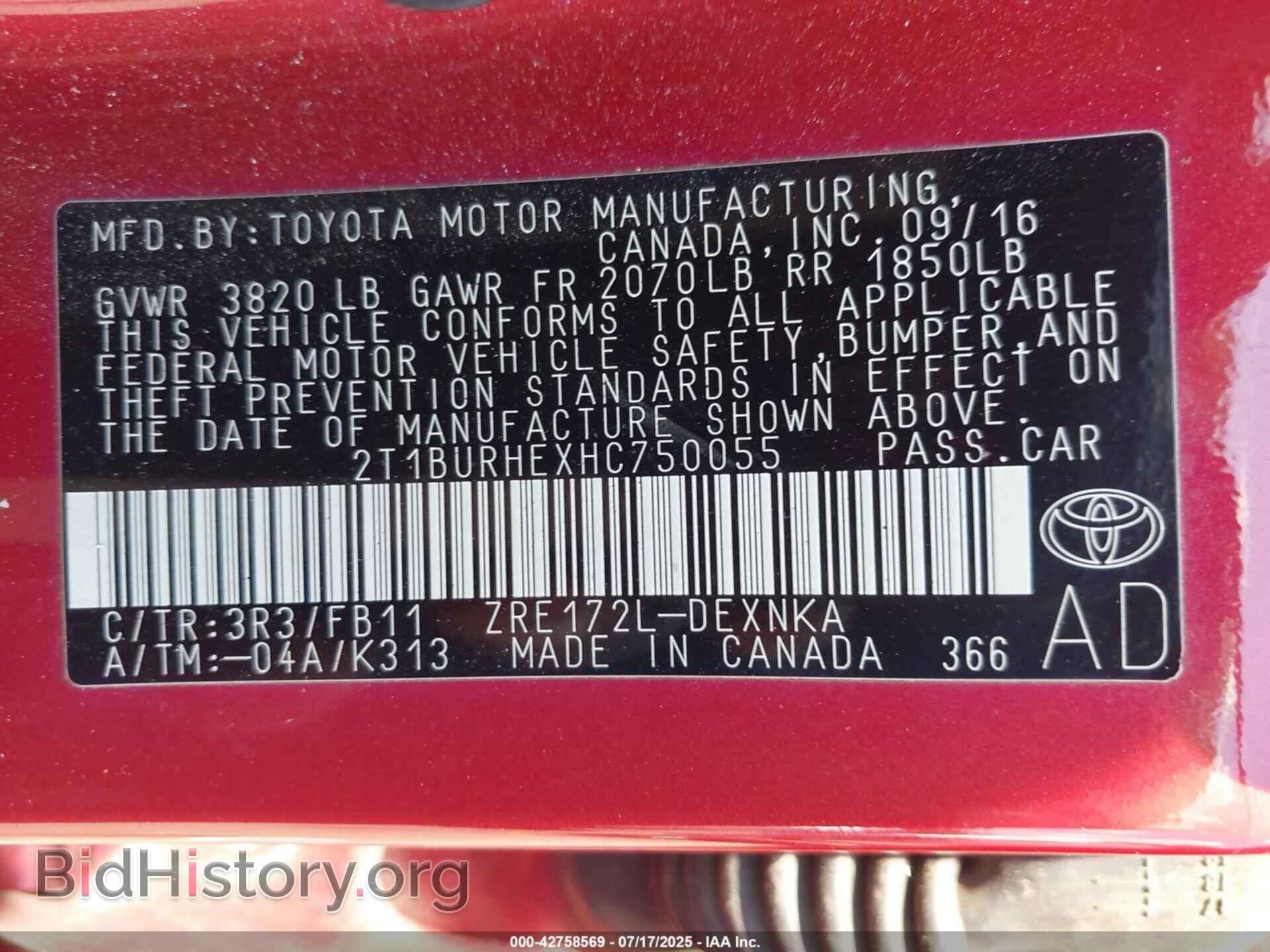 2017 TOYOTA COROLLA - VIN: 2T1BURHEXHC750055 - Фото 9
