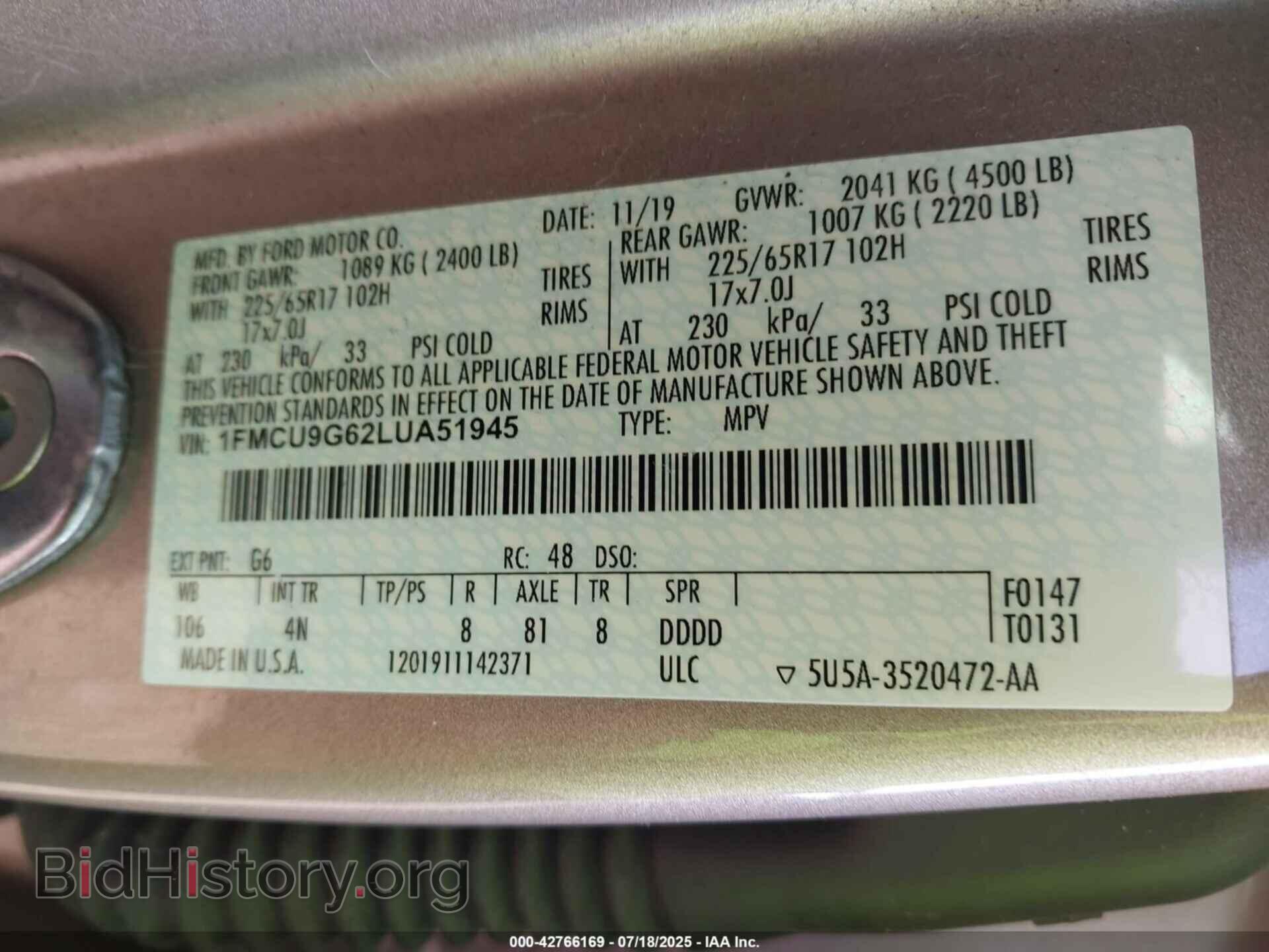 2020 FORD ESCAPE - VIN: 1FMCU9G62LUA51945 - Фото 9