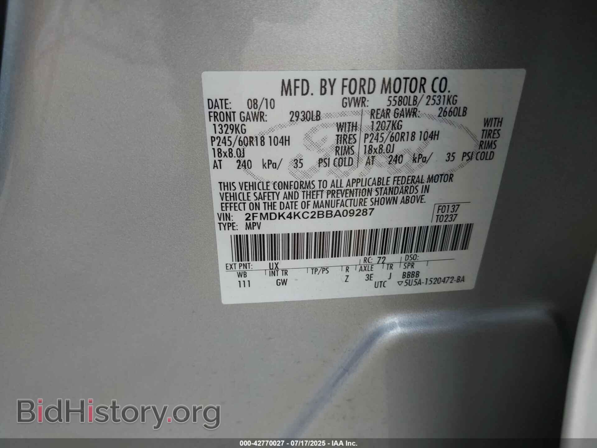 2011 FORD EDGE - VIN: 2FMDK4KC2BBA09287 - Фото 9