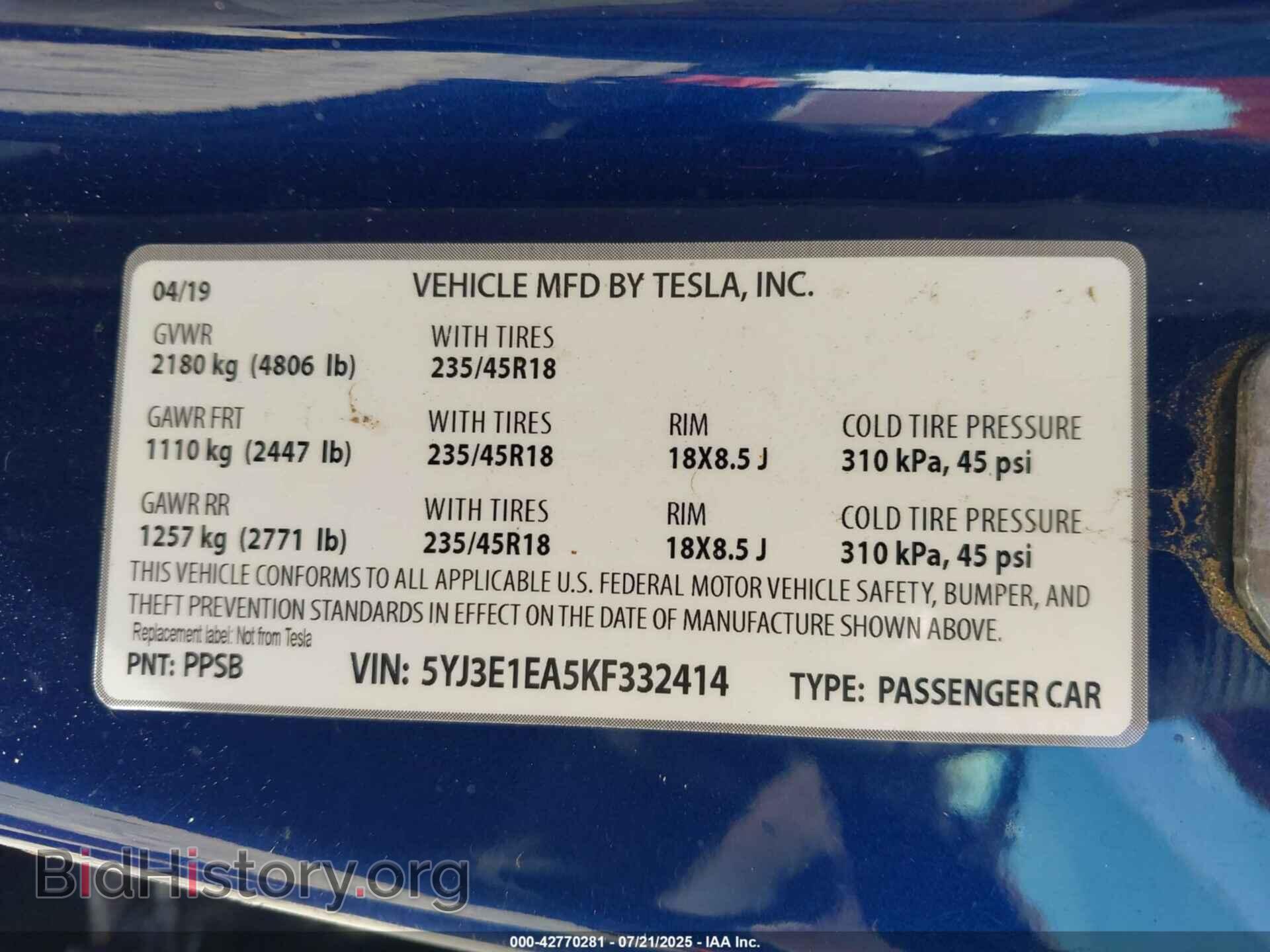 2019 TESLA MODEL 3 - VIN: 5YJ3E1EA5KF332414 - Фото 9