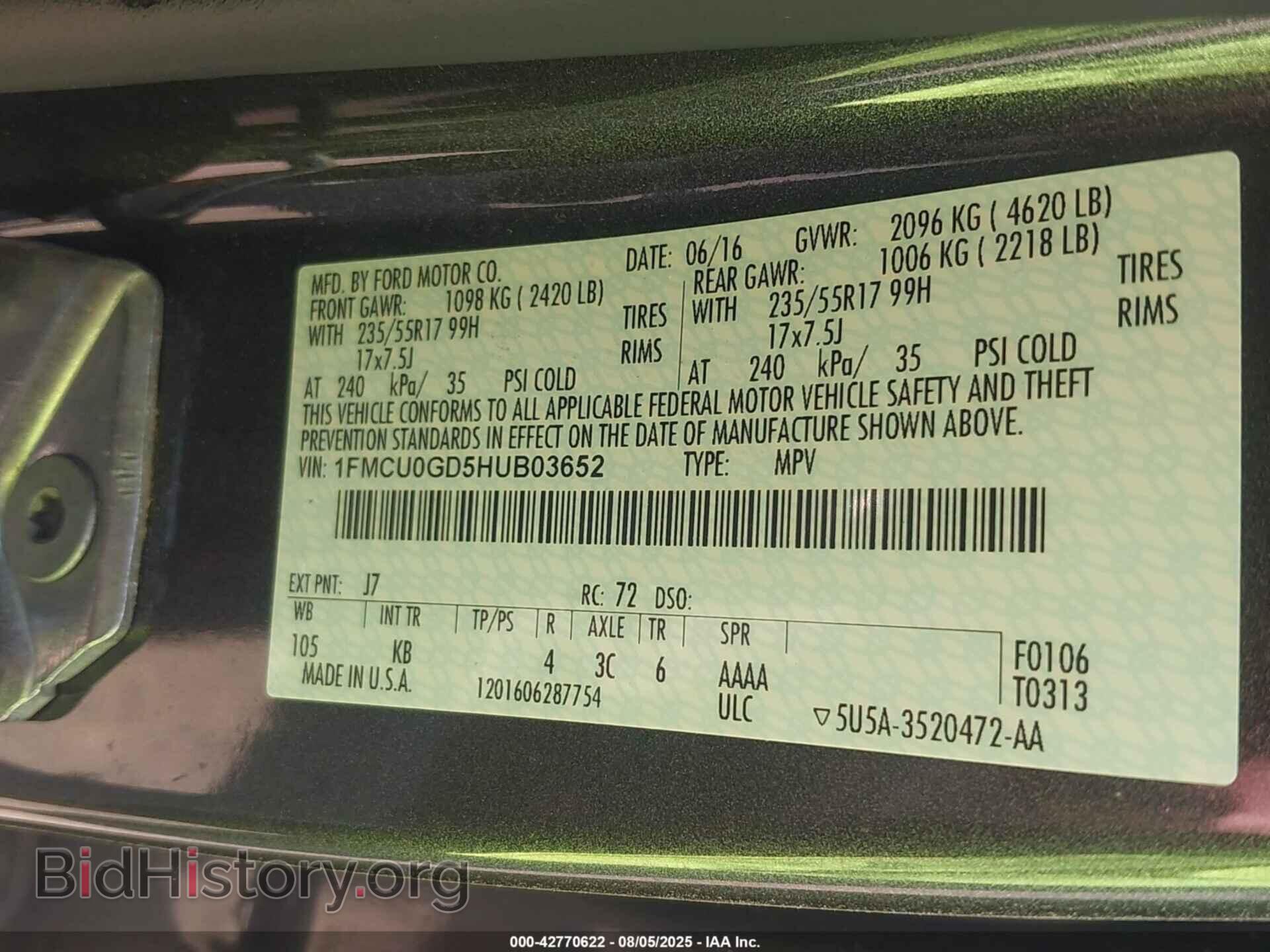 2017 FORD ESCAPE - VIN: 1FMCU0GD5HUB03652 - Фото 9