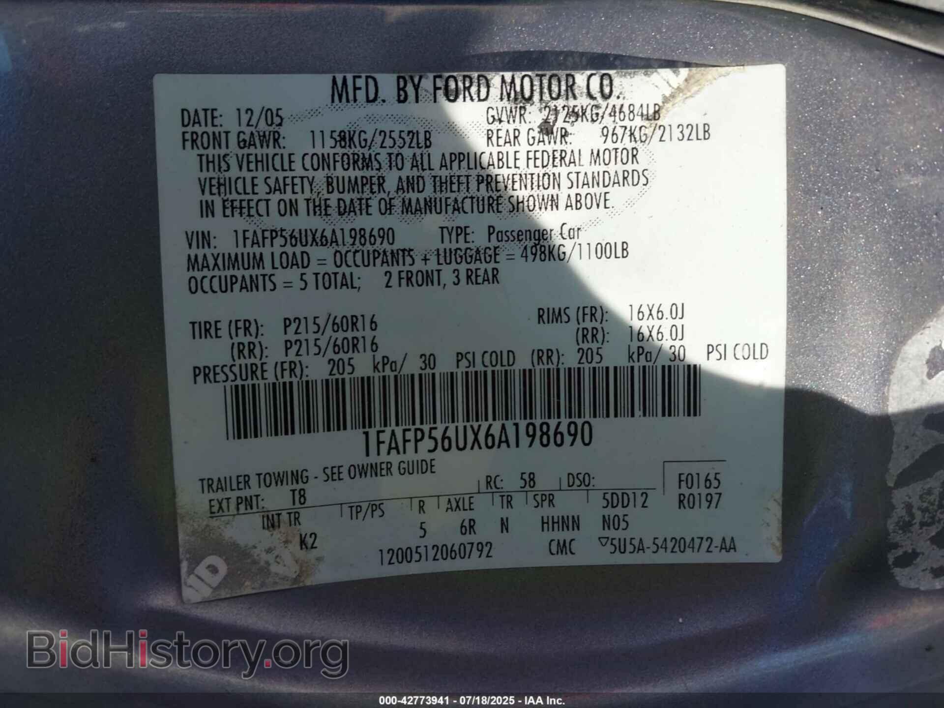 2006 FORD TAURUS - VIN: 1FAFP56UX6A198690 - Фото 9