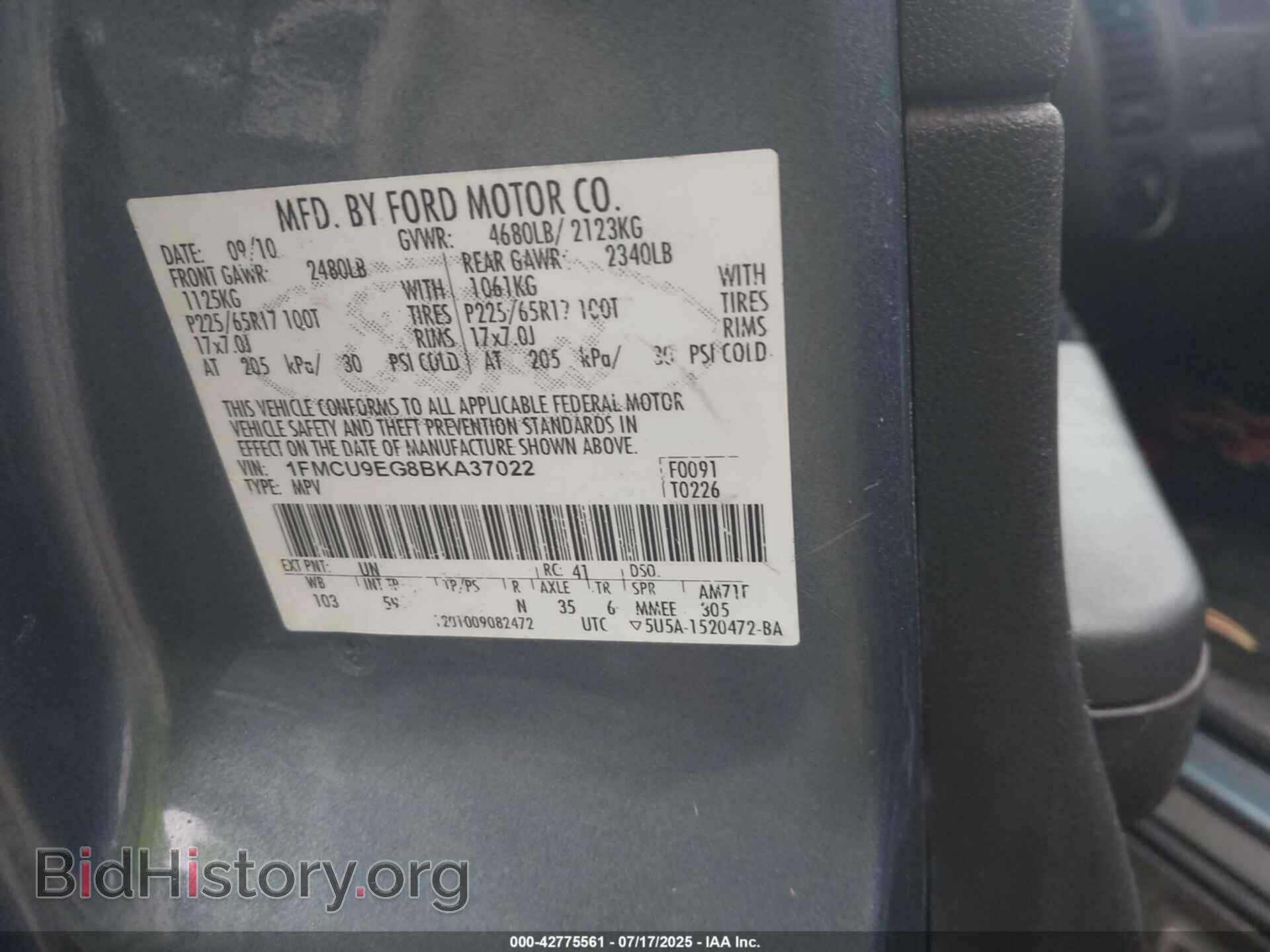 2011 FORD ESCAPE - VIN: 1FMCU9EG8BKA37022 - Фото 9