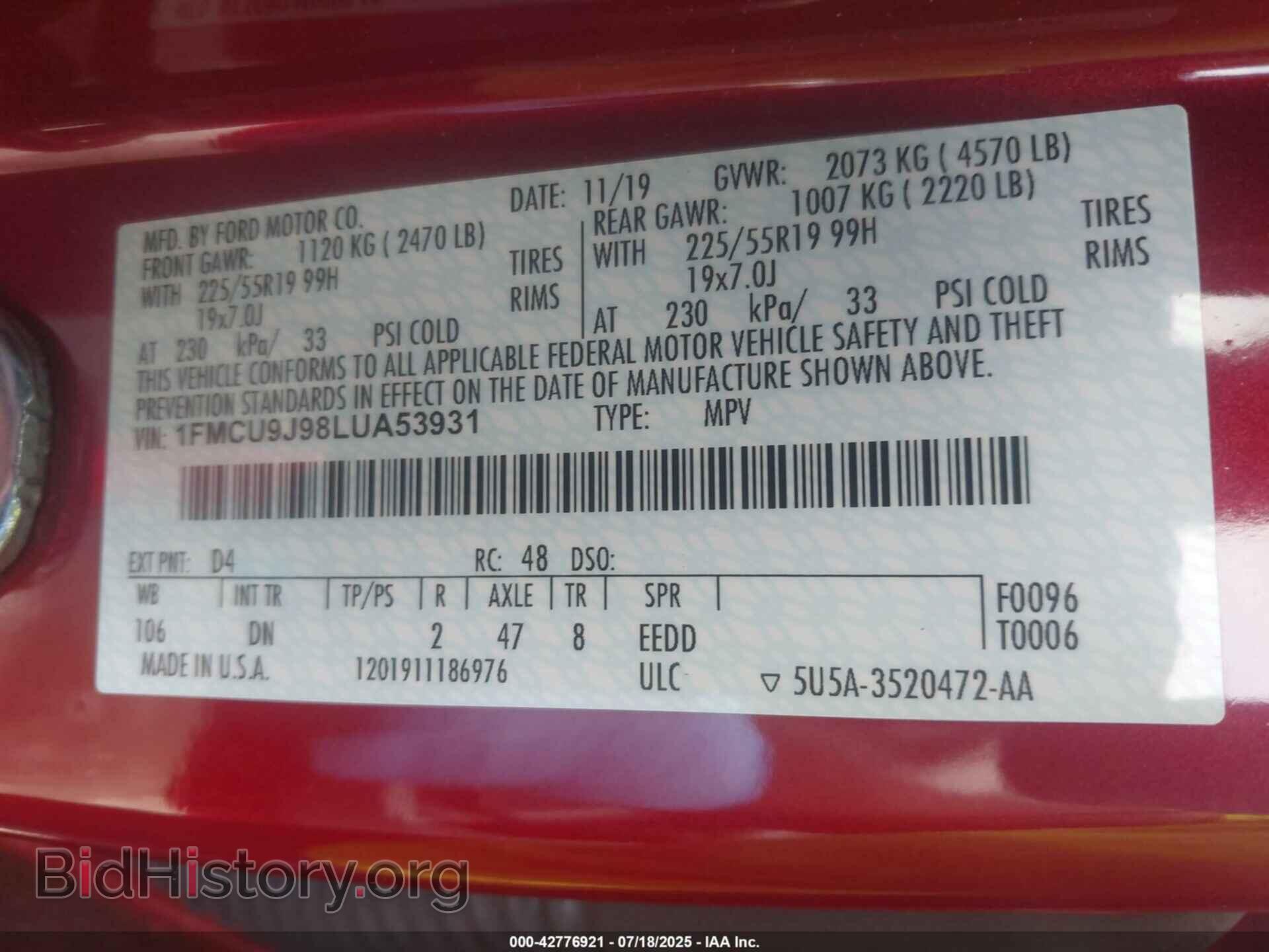 2020 FORD ESCAPE - VIN: 1FMCU9J98LUA53931 - Photo 9