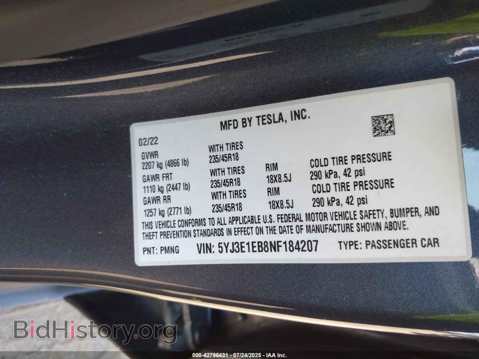 2022 TESLA MODEL 3 - VIN: 5YJ3E1EB8NF184207 - Фото 9