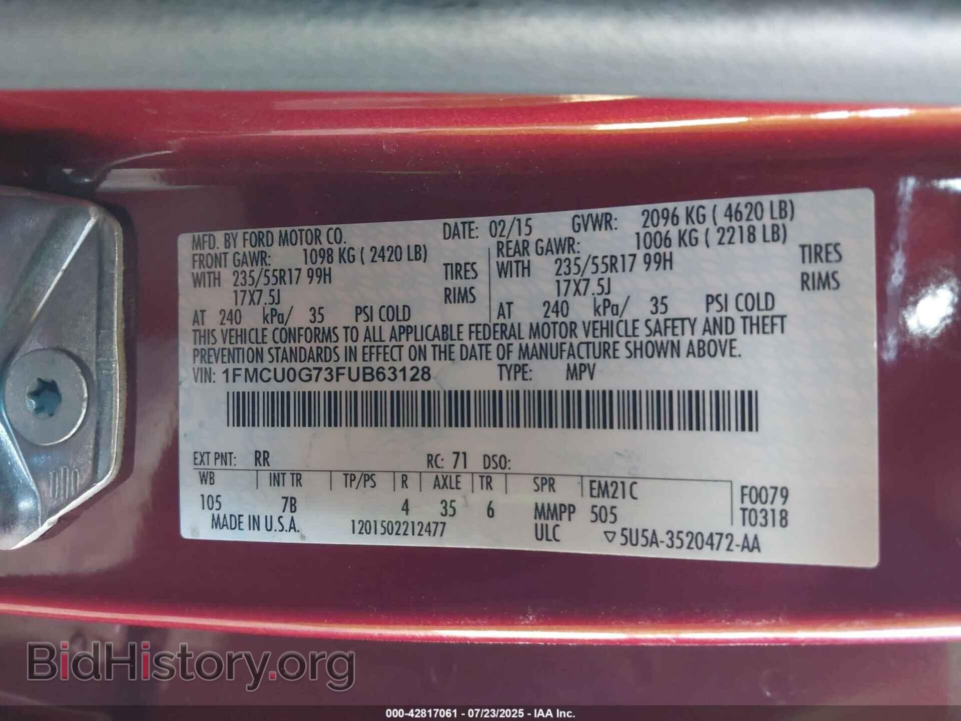 2015 FORD ESCAPE - VIN: 1FMCU0G73FUB63128 - Фото 9