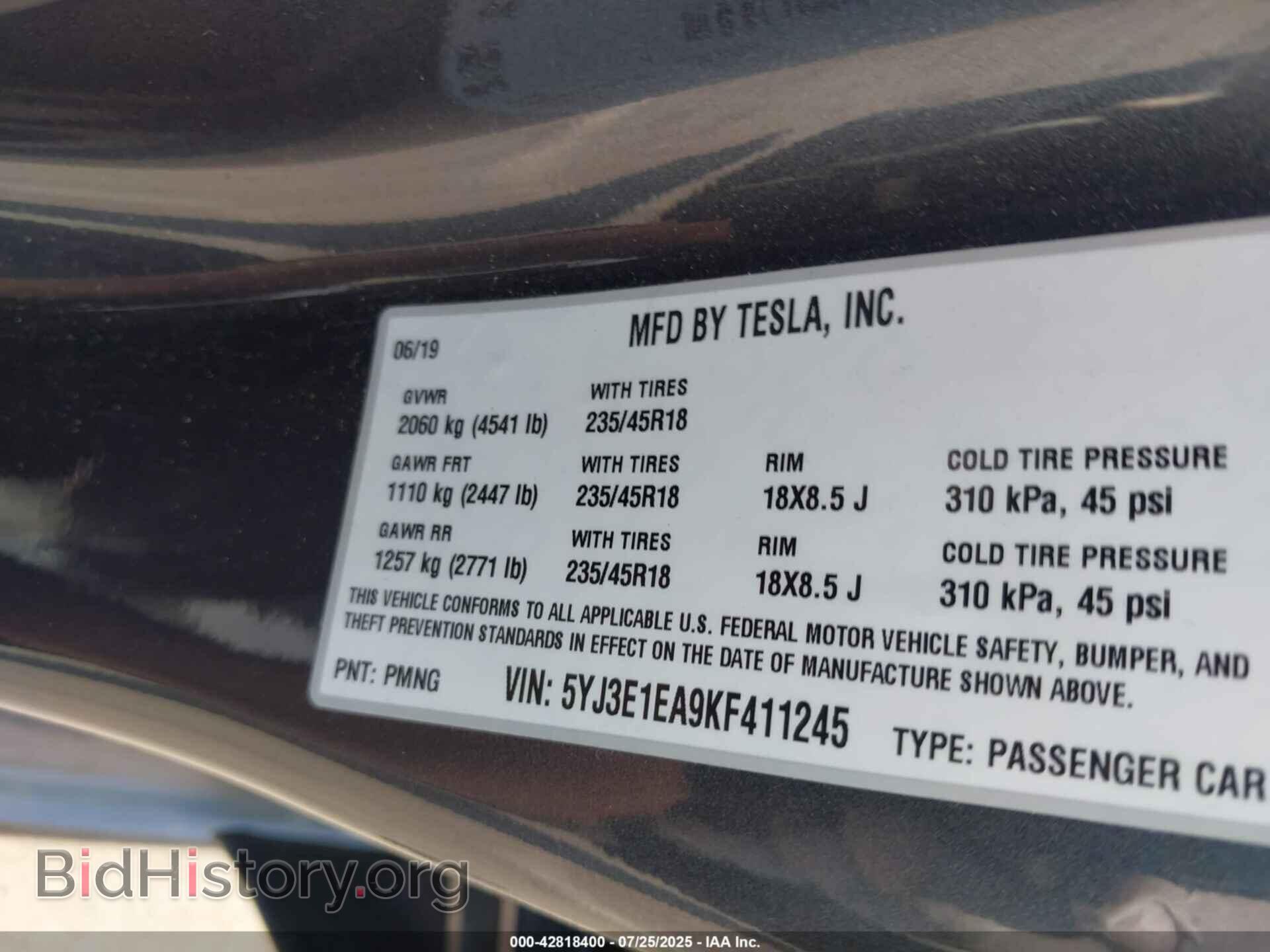 2019 TESLA MODEL 3 - VIN: 5YJ3E1EA9KF411245 - Фото 9