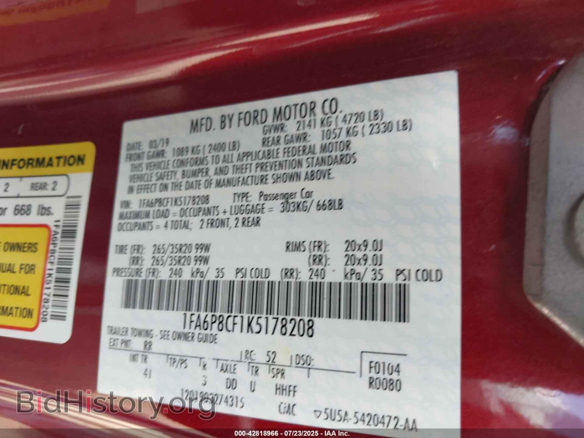 2019 FORD MUSTANG - VIN: 1FA6P8CF1K5178208 - Фото 9