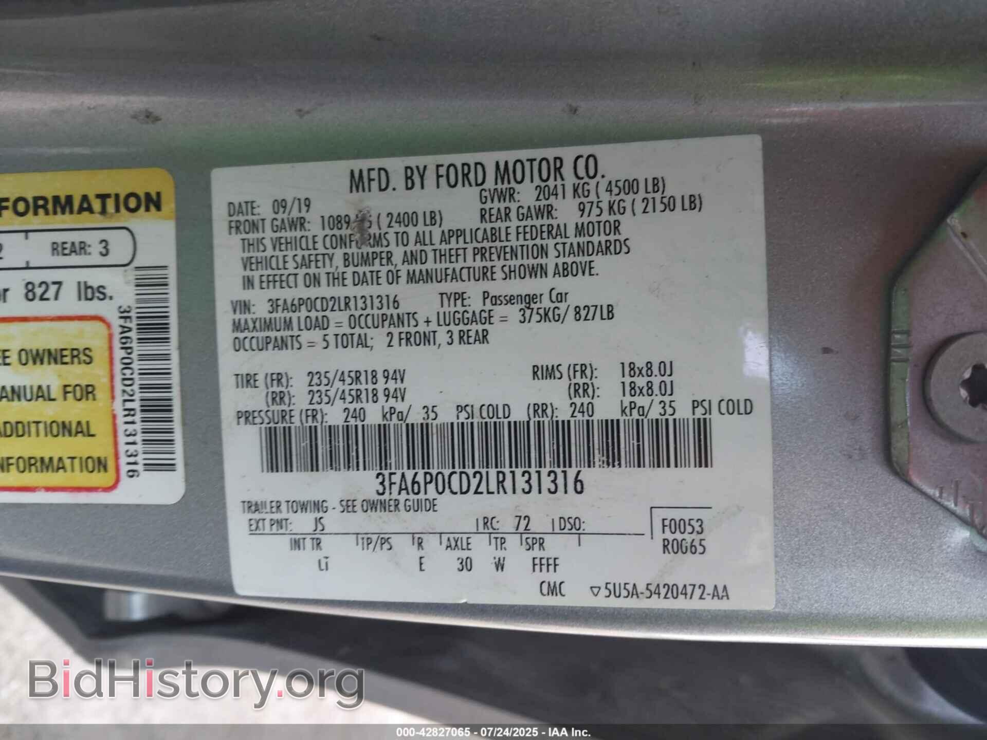 2020 FORD FUSION - VIN: 3FA6P0CD2LR131316 - Фото 9