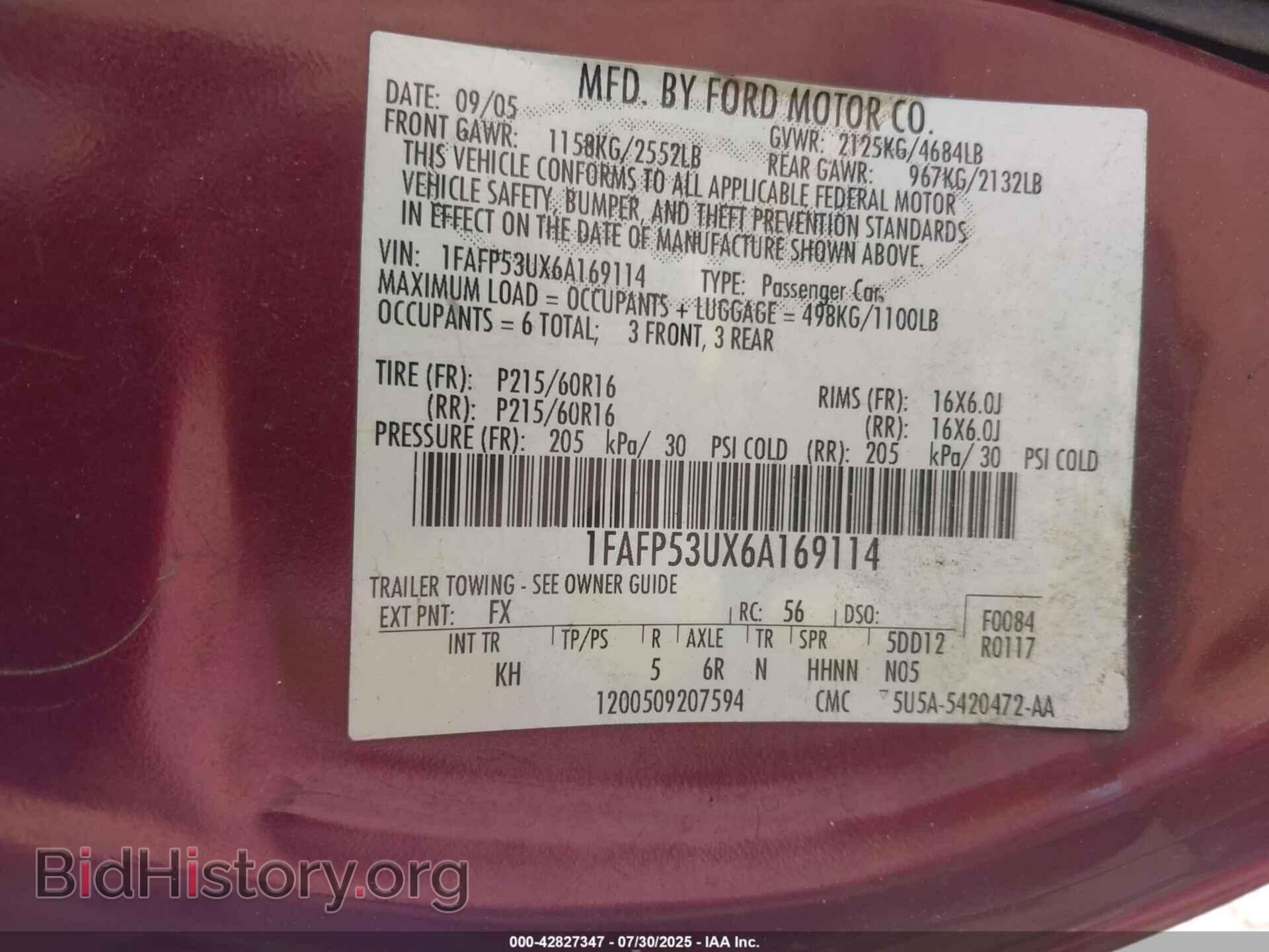 2006 FORD TAURUS - VIN: 1FAFP53UX6A169114 - Фото 9