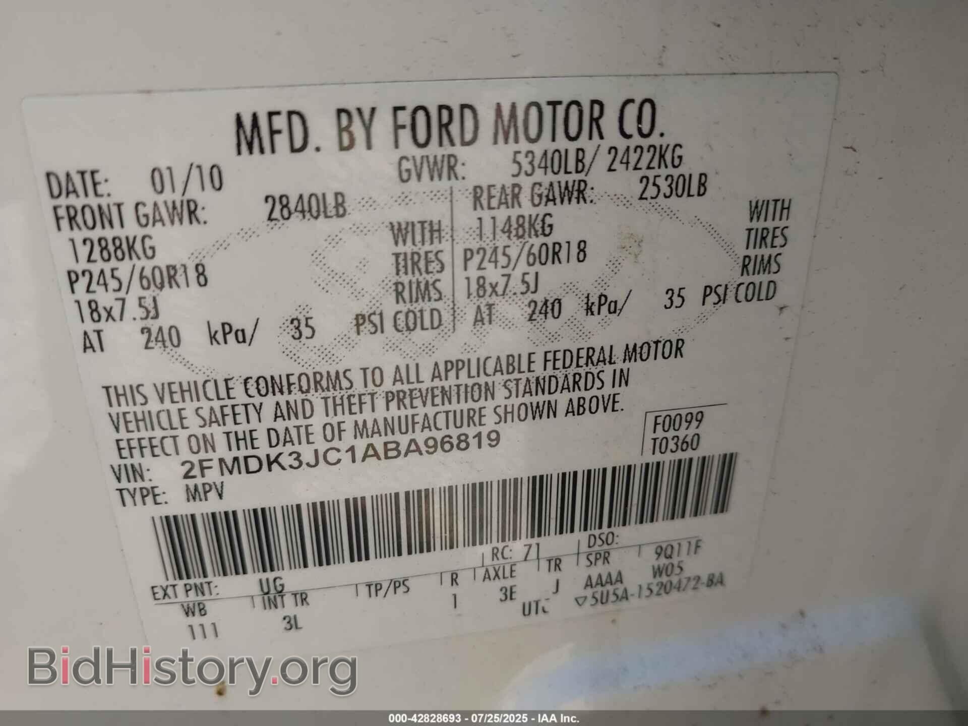 2010 FORD EDGE - VIN: 2FMDK3JC1ABA96819 - Фото 9