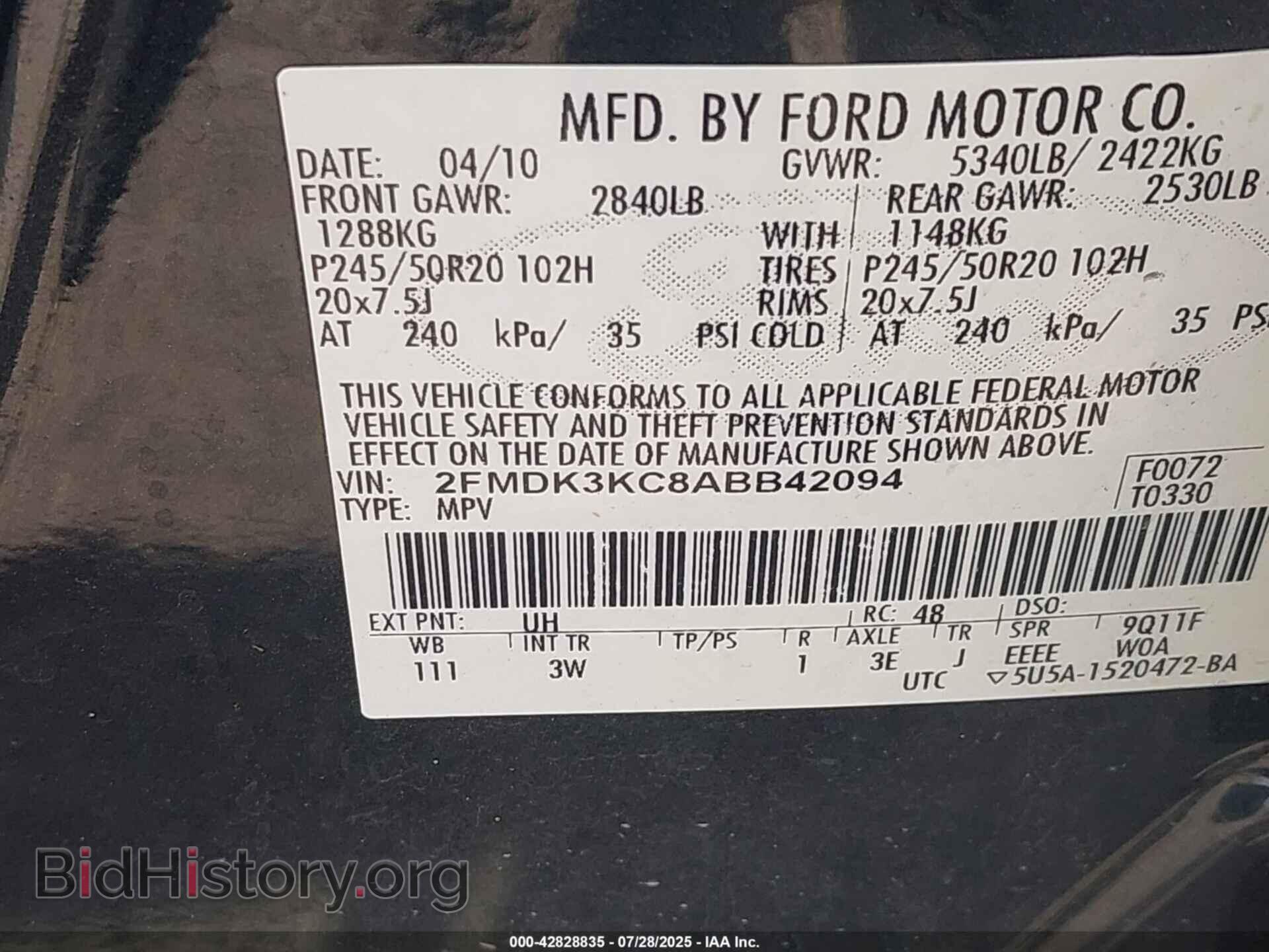 2010 FORD EDGE - VIN: 2FMDK3KC8ABB42094 - Фото 9
