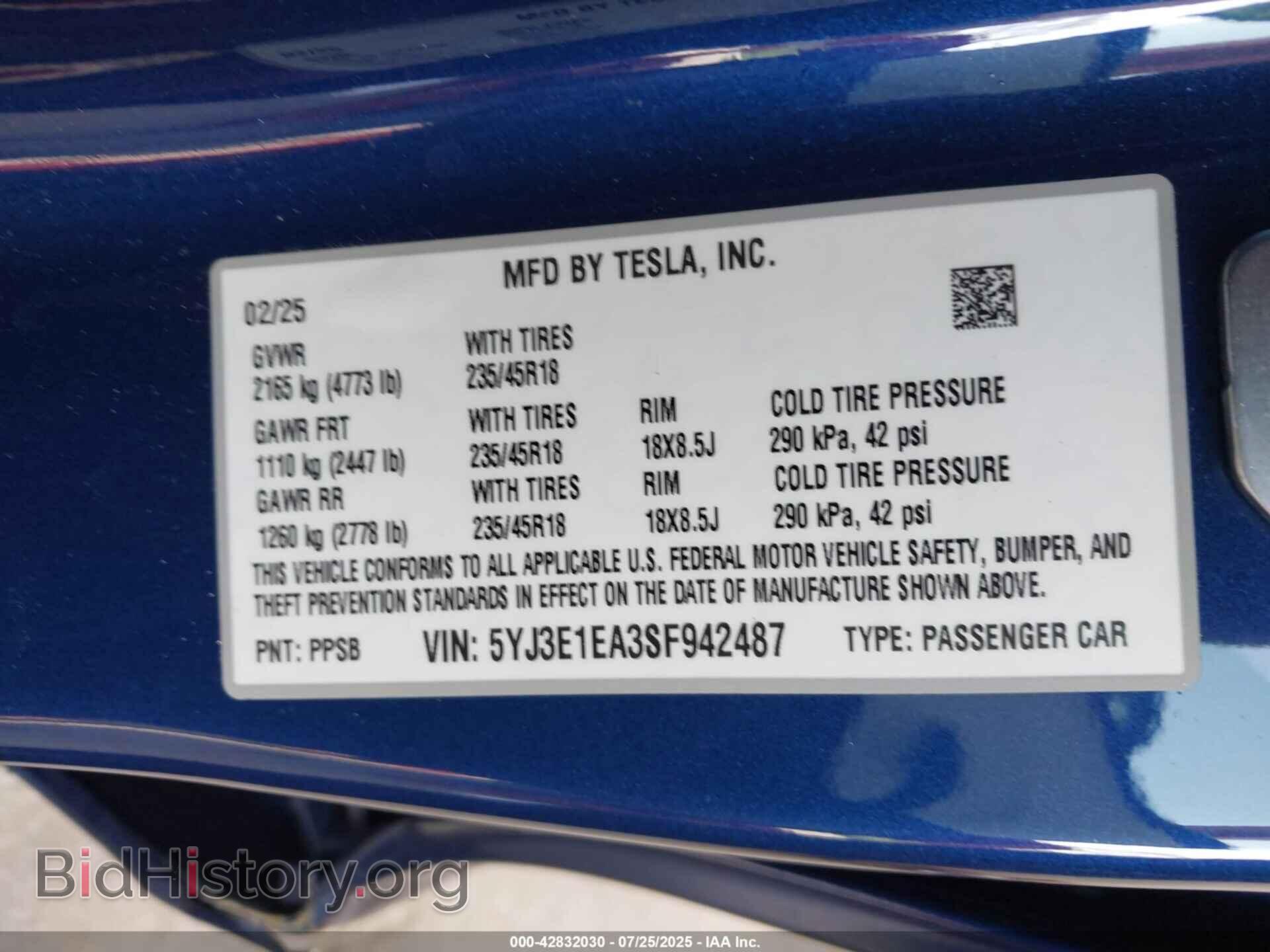 2025 TESLA MODEL 3 - VIN: 5YJ3E1EA3SF942487 - Фото 9