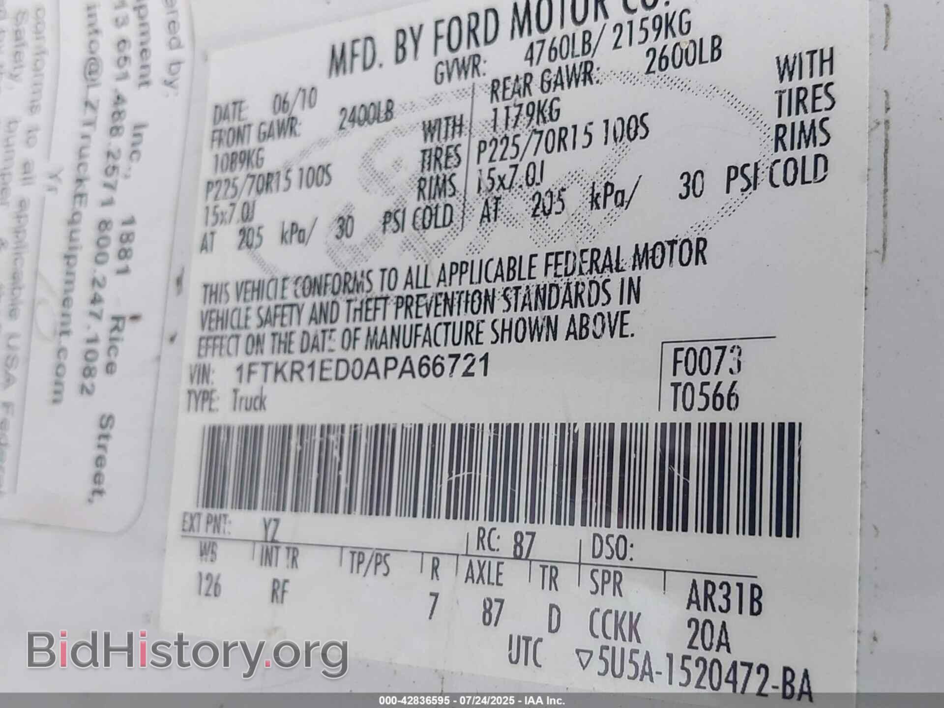 2010 FORD RANGER - VIN: 1FTKR1ED0APA66721 - Фото 9