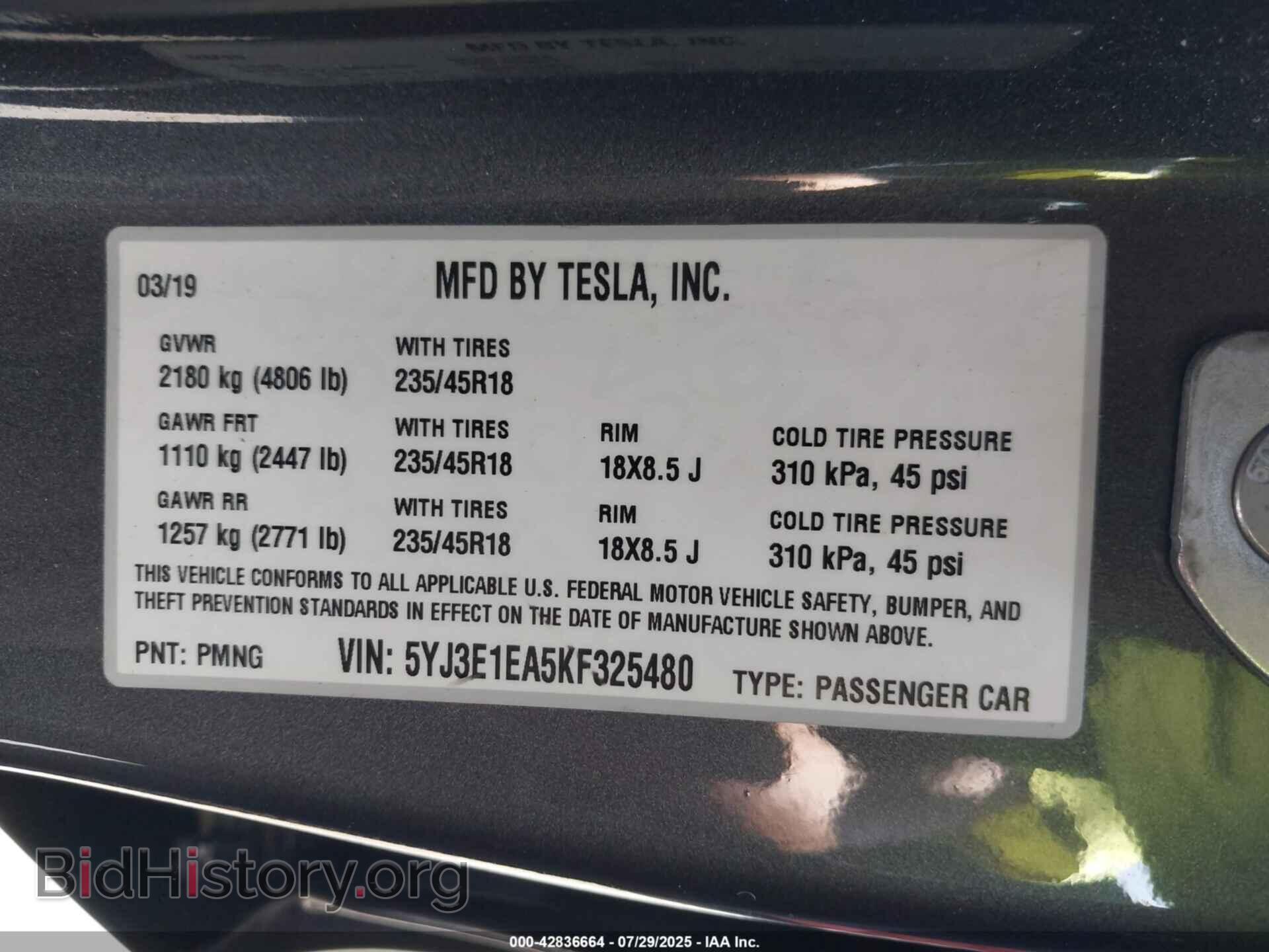 2019 TESLA MODEL 3 - VIN: 5YJ3E1EA5KF325480 - Фото 9