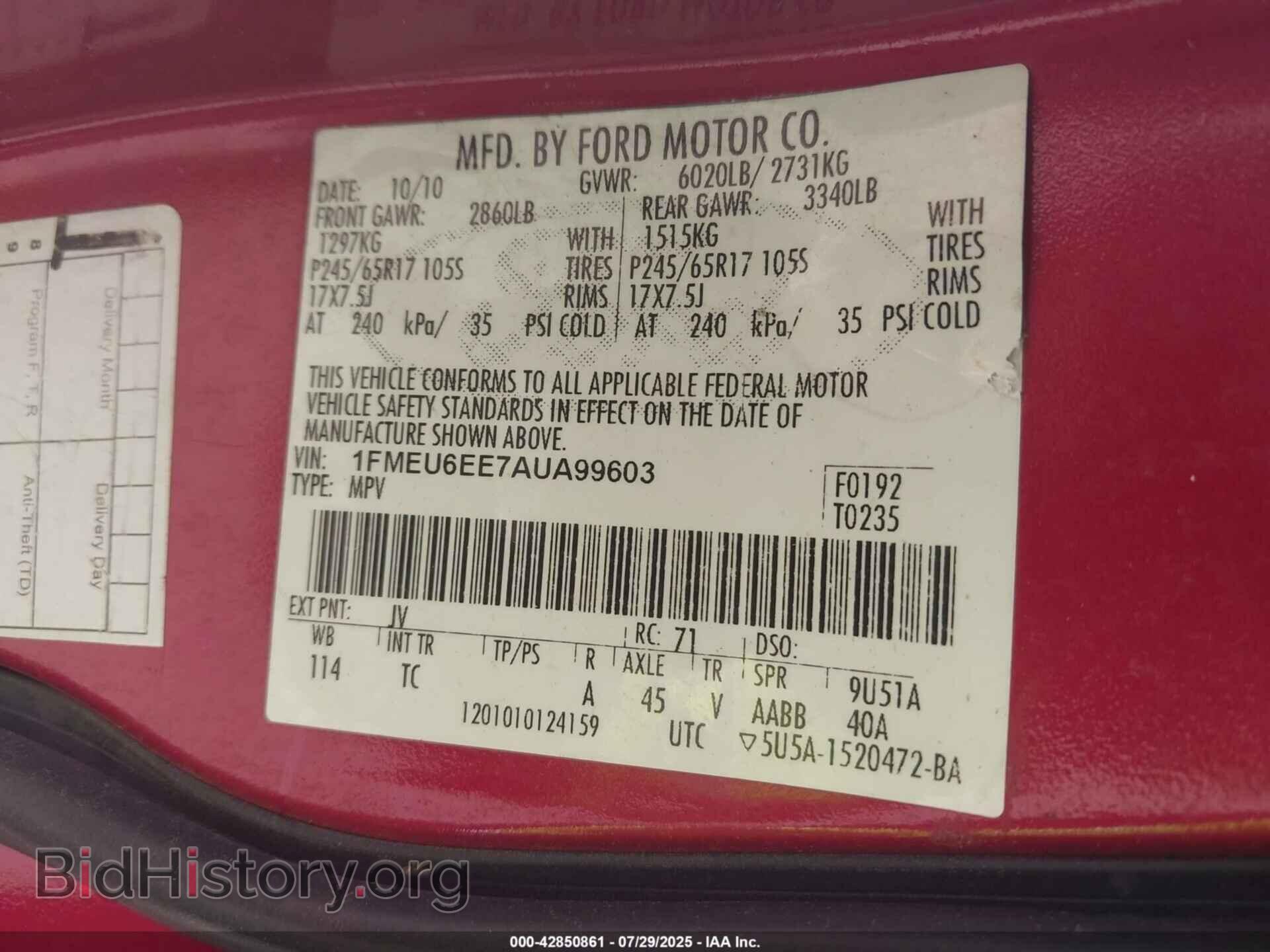 2010 FORD EXPLORER - VIN: 1FMEU6EE7AUA99603 - Фото 9
