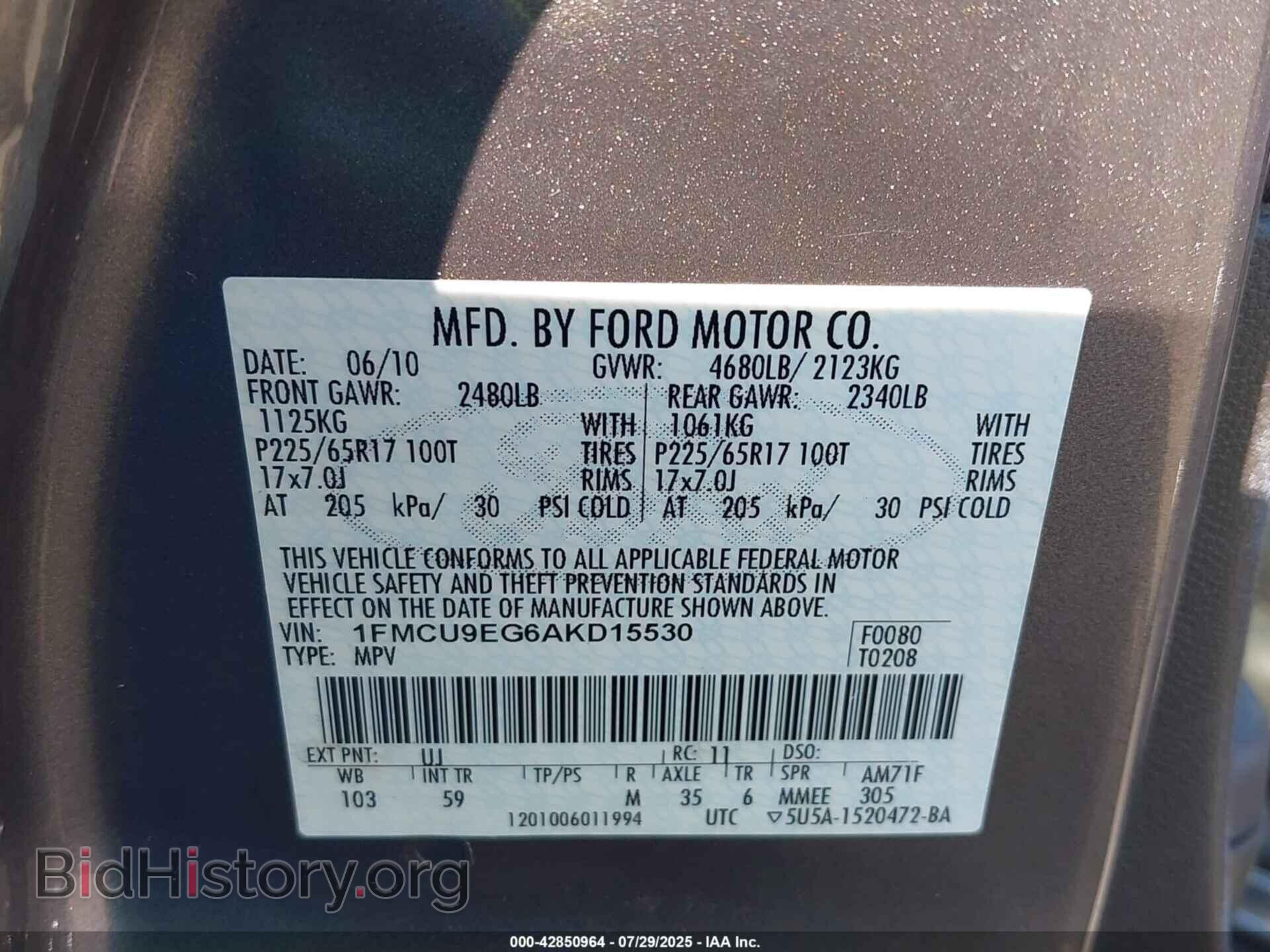2010 FORD ESCAPE - VIN: 1FMCU9EG6AKD15530 - Фото 9