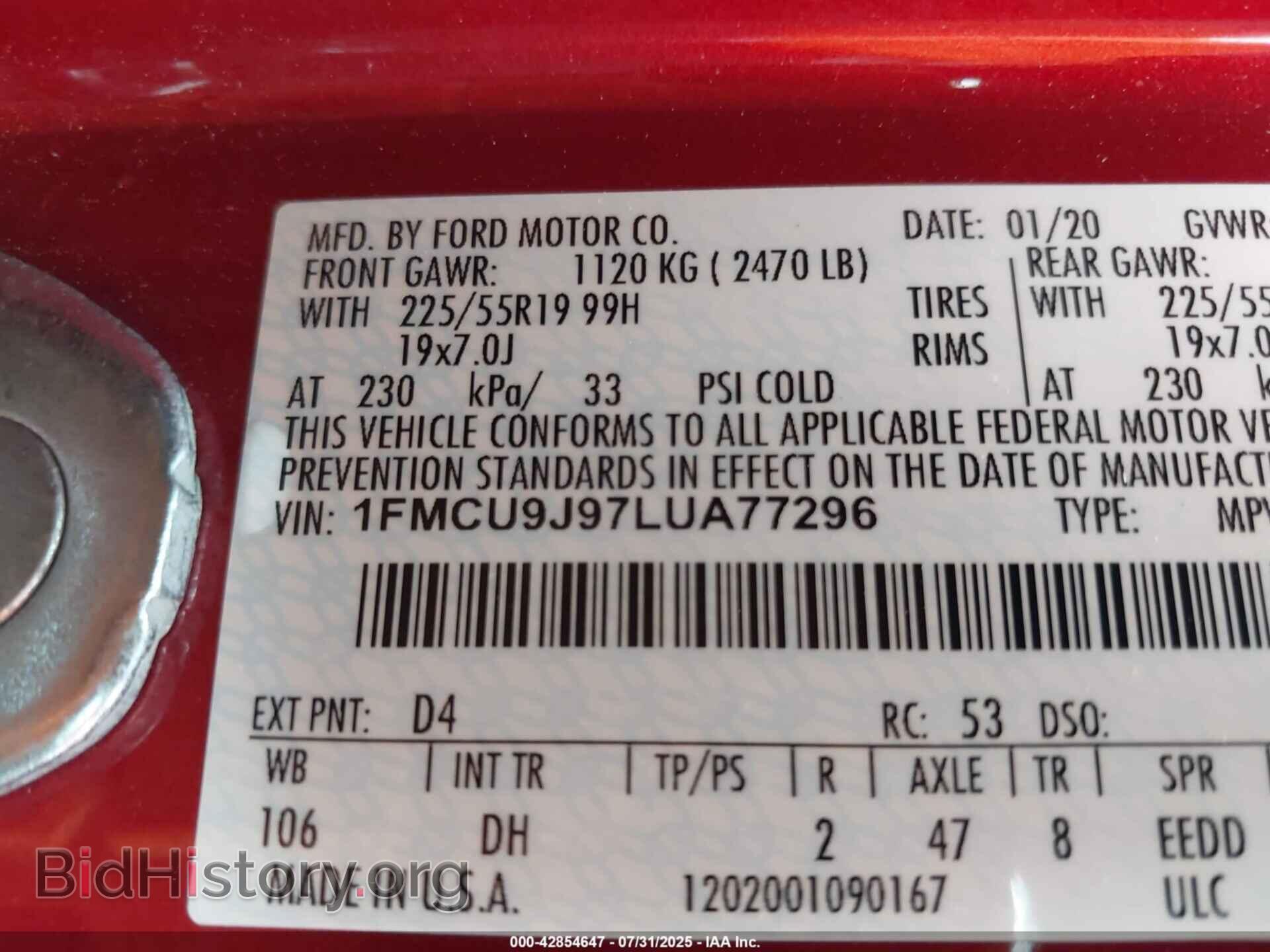 2020 FORD ESCAPE - VIN: 1FMCU9J97LUA77296 - Photo 9