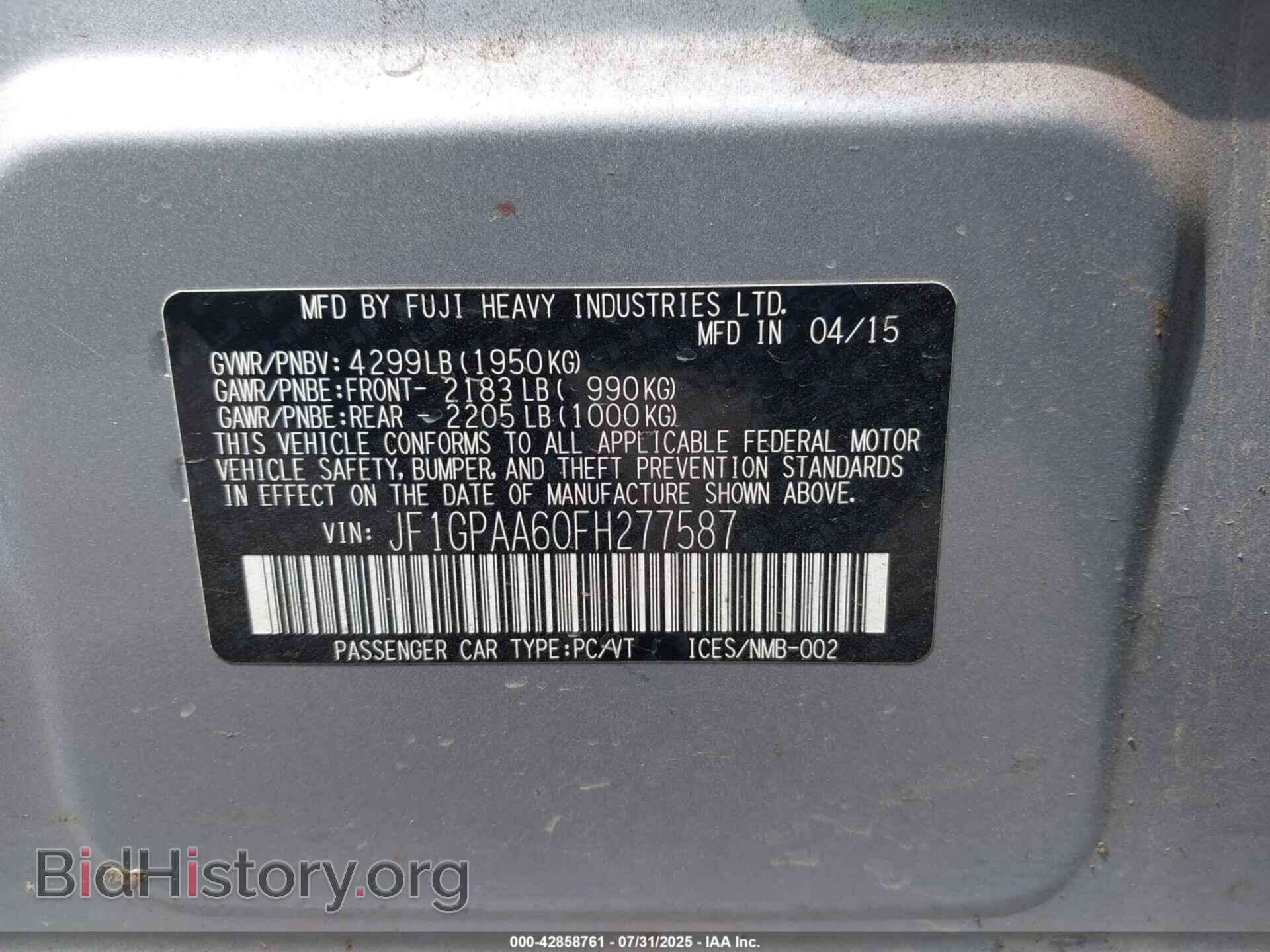 2015 SUBARU IMPREZA - VIN: JF1GPAA60FH277587 - Фото 9