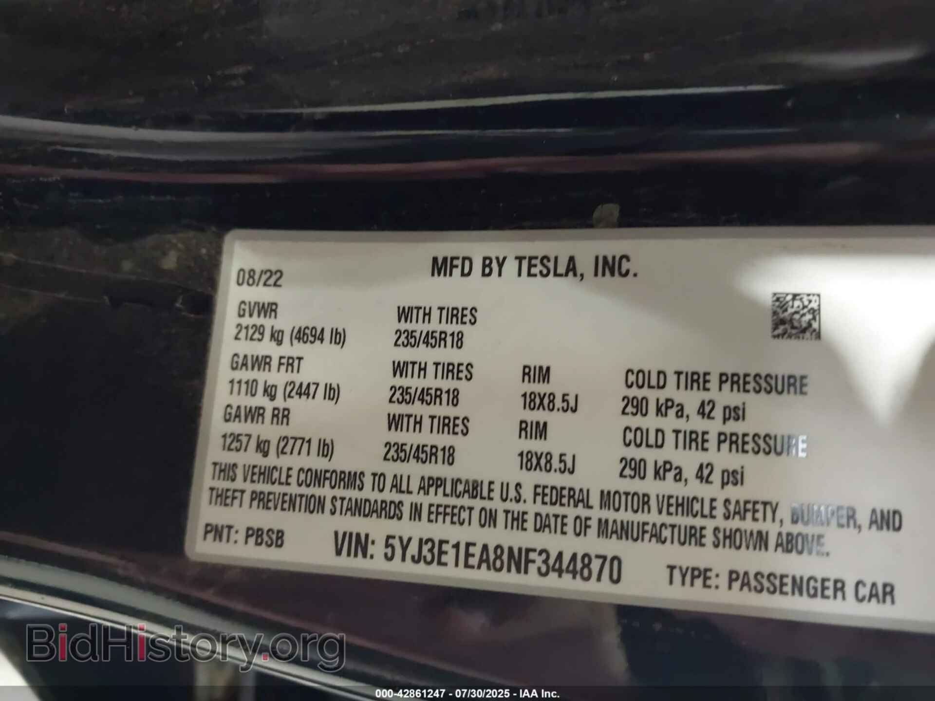 2022 TESLA MODEL 3 - VIN: 5YJ3E1EA8NF344870 - Фото 9