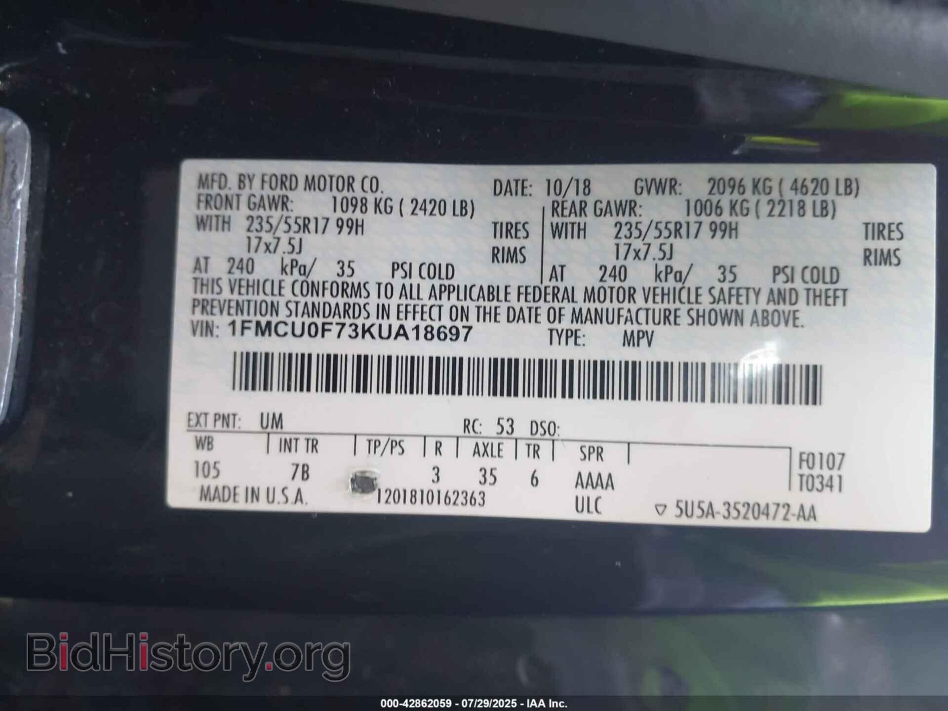 2019 FORD ESCAPE - VIN: 1FMCU0F73KUA18697 - Фото 9