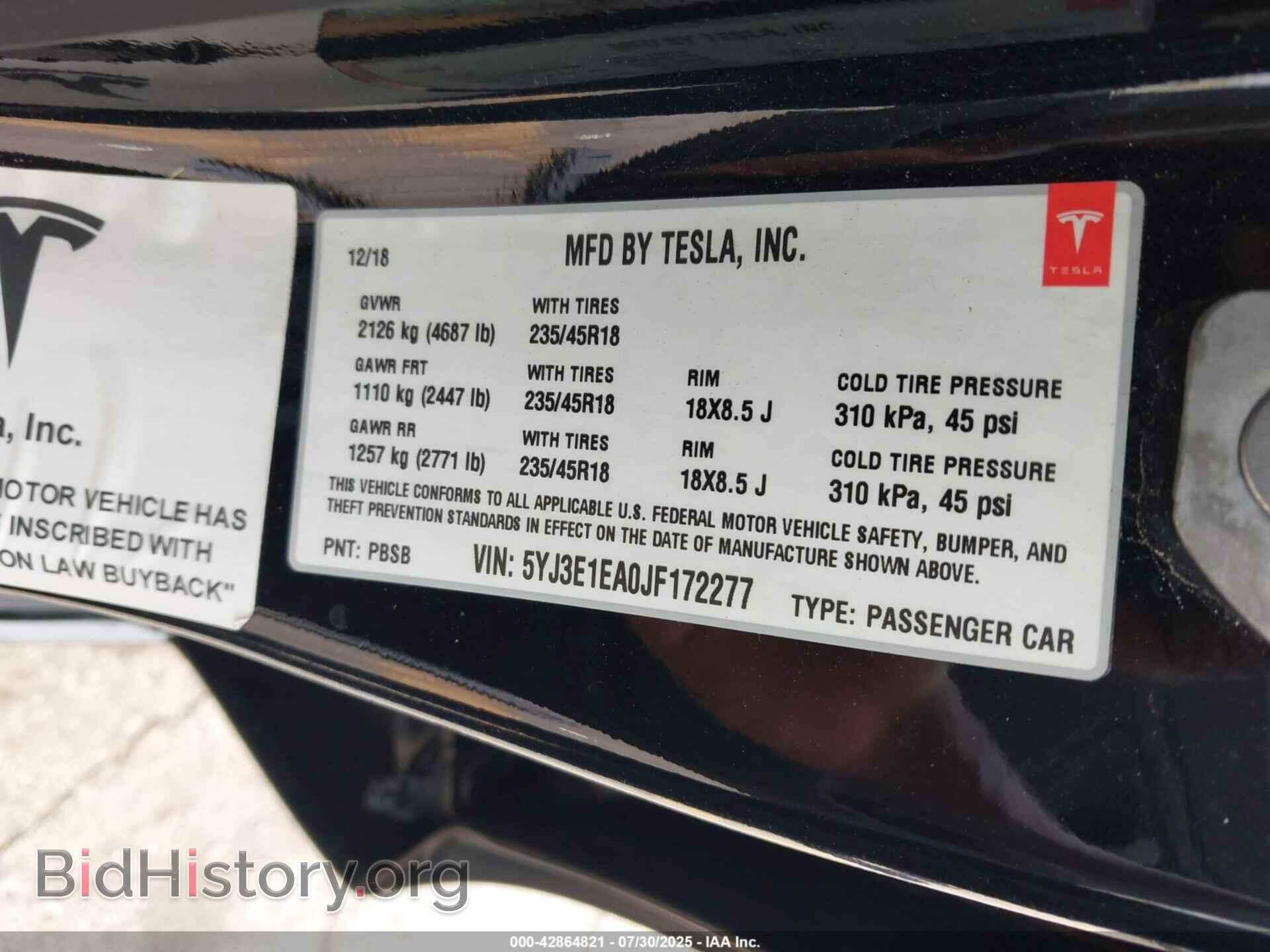 2018 TESLA MODEL 3 - VIN: 5YJ3E1EA0JF172277 - Фото 9