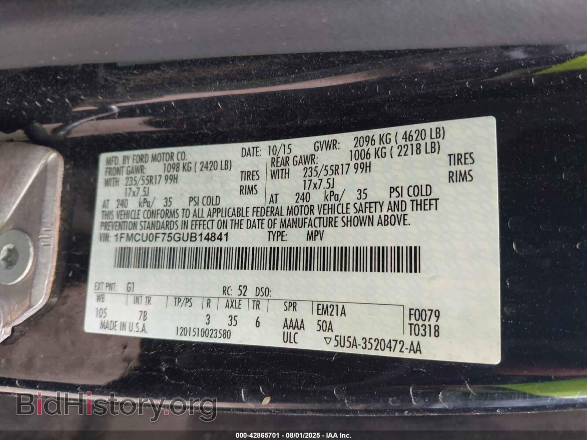 2016 FORD ESCAPE - VIN: 1FMCU0F75GUB14841 - Фото 9
