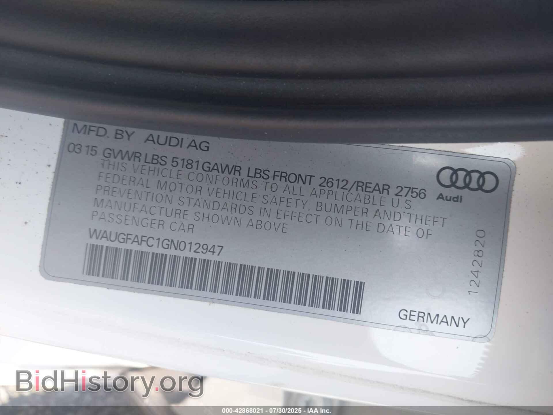 2016 AUDI A6 - VIN: WAUGFAFC1GN012947 - Фото 9